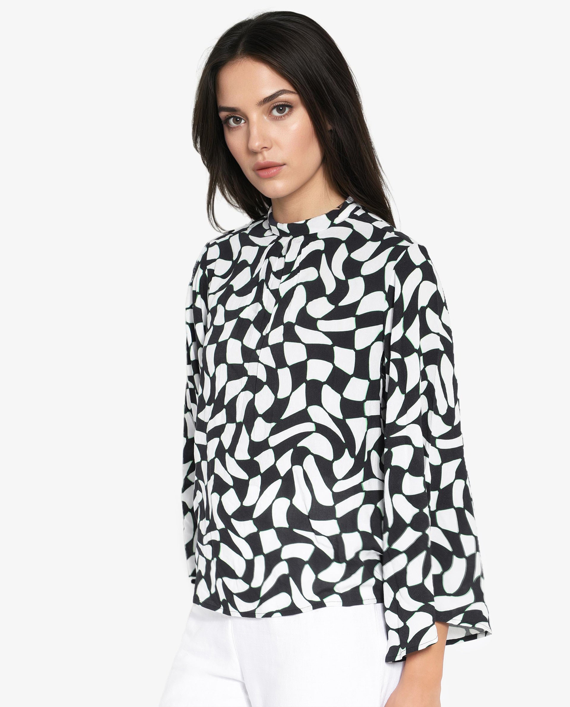 Rareism Women Napleo Black Bell Sleeves High Neck Button Geometric Print Top