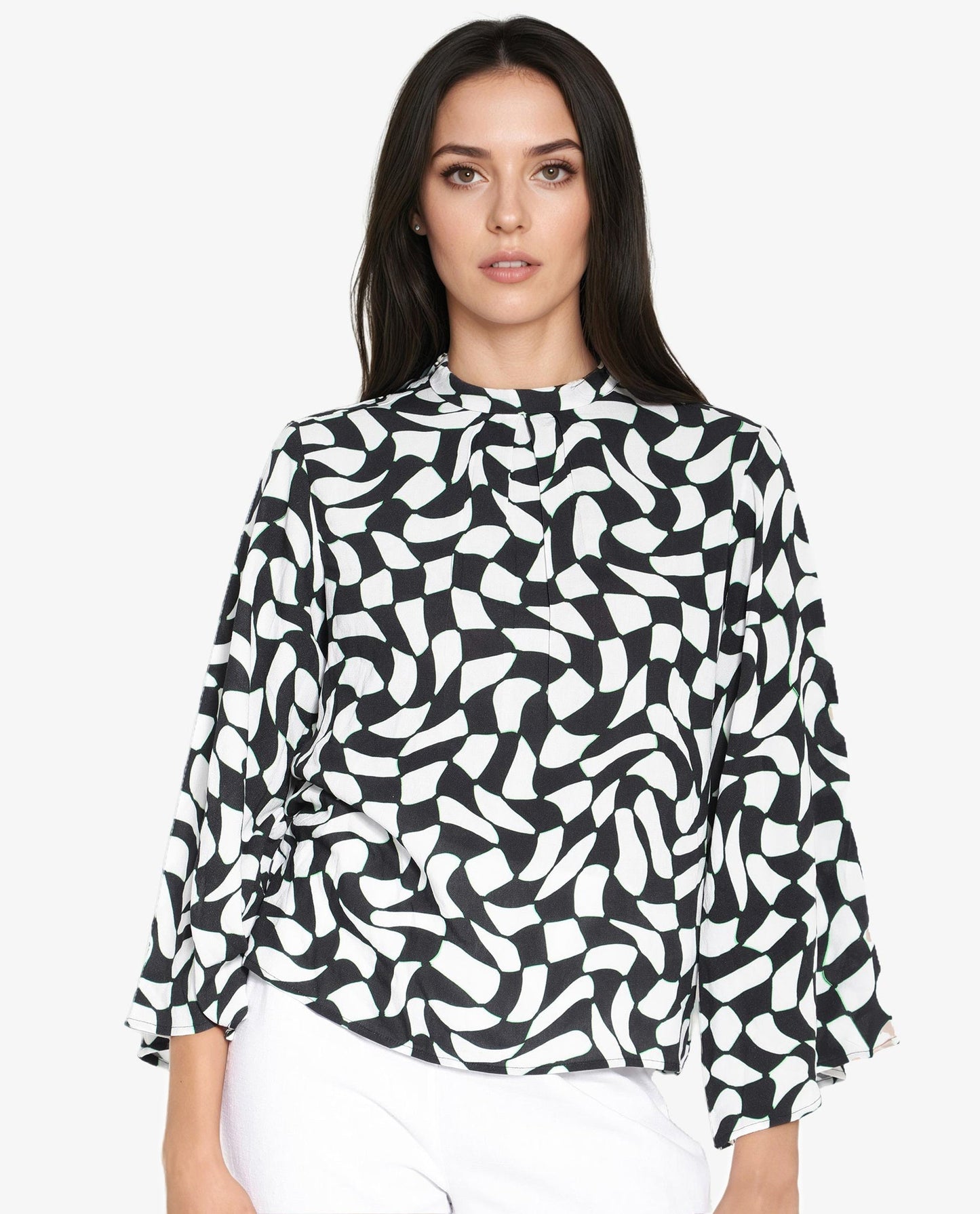 Rareism Women Napleo Black Bell Sleeves High Neck Button Geometric Print Top