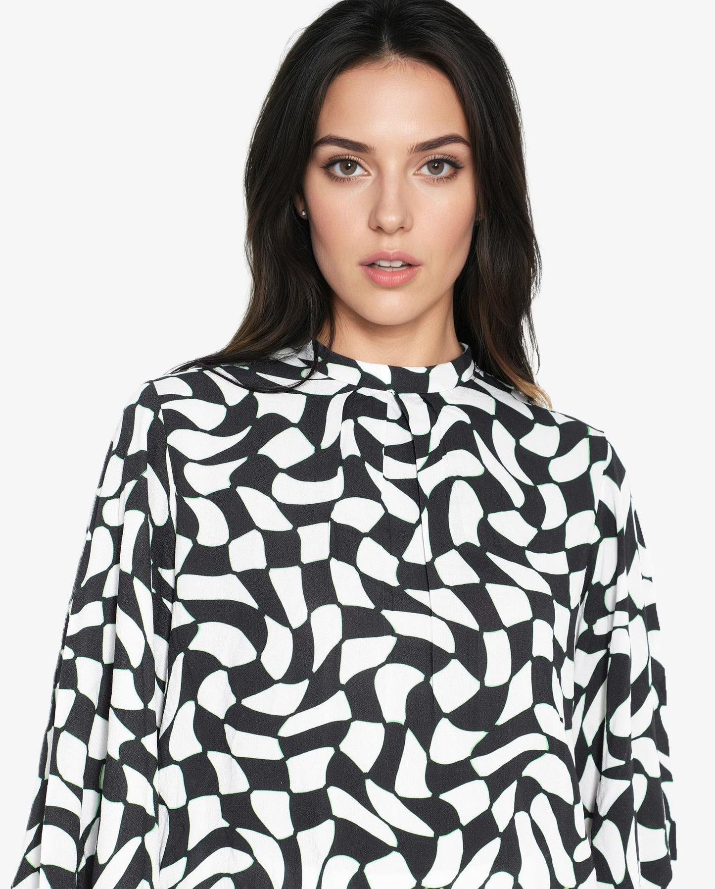 Rareism Women Napleo Black Bell Sleeves High Neck Button Geometric Print Top