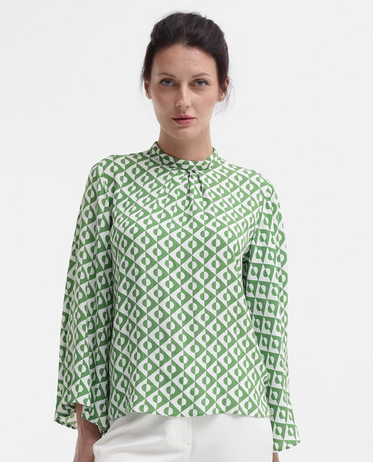 Rareism Women Naples Dark Green Bell Sleeves High Neck  Geometric Print Top