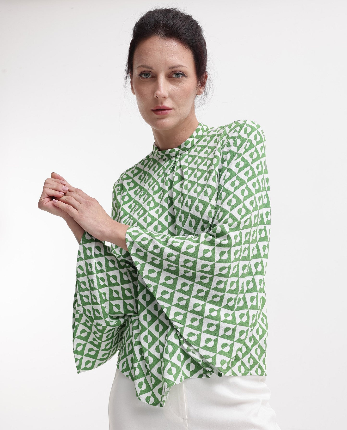 Rareism Women Naples Dark Green Bell Sleeves High Neck  Geometric Print Top