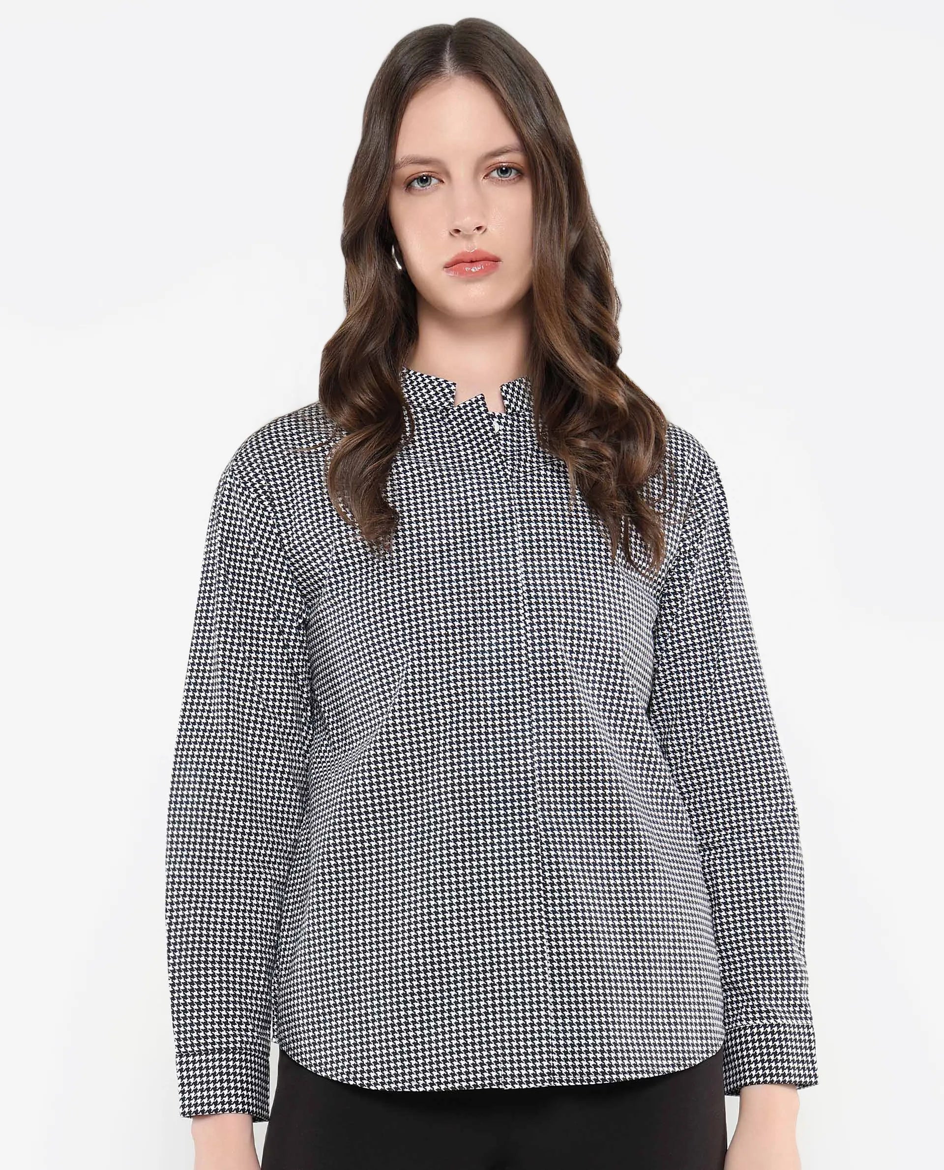 Rareism Women Neumip Multi Cotton Fabric Regular Sleeves High Neck Button Closure Houndstooth Top