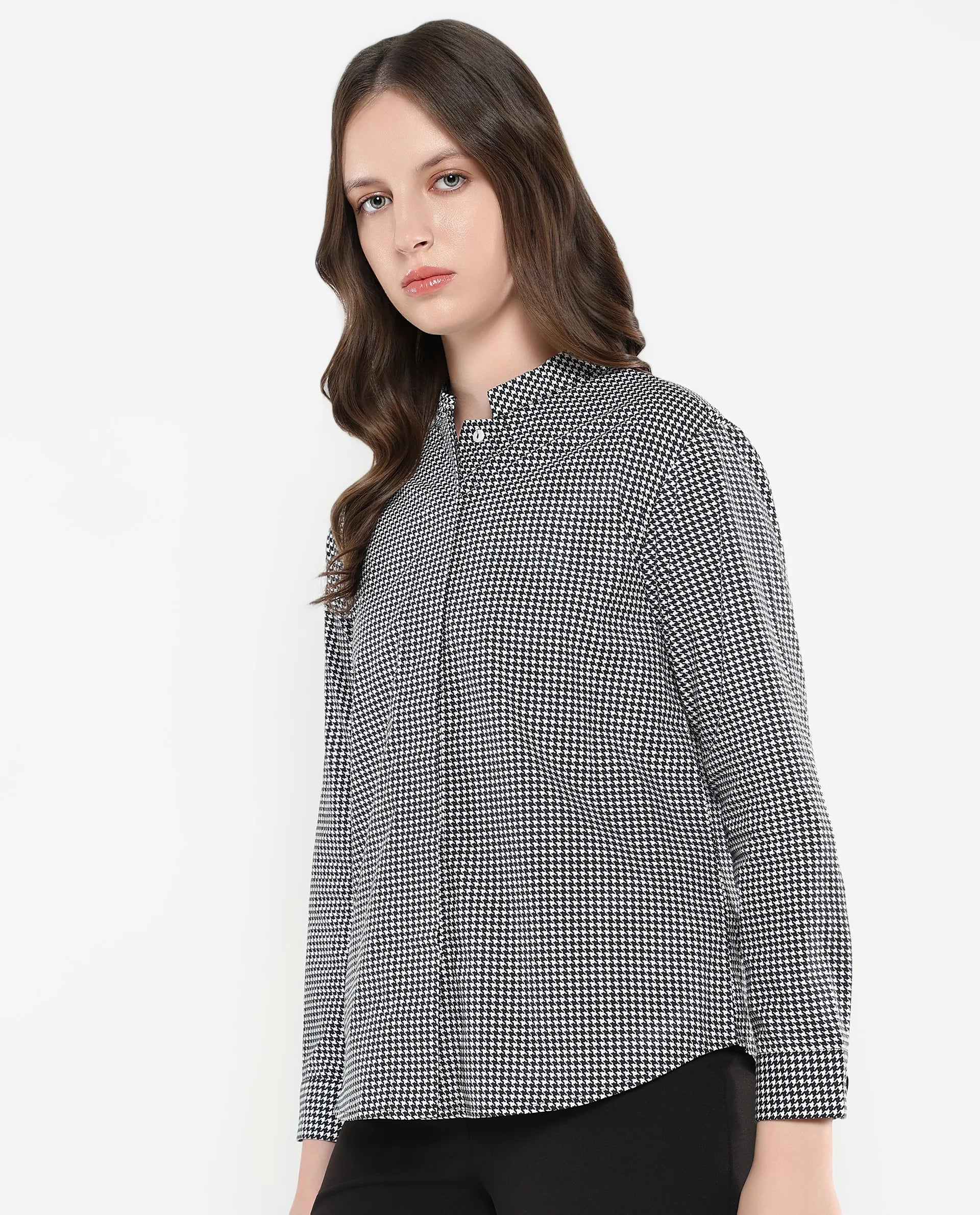 Rareism Women Neumip Multi Cotton Fabric Regular Sleeves High Neck Button Closure Houndstooth Top