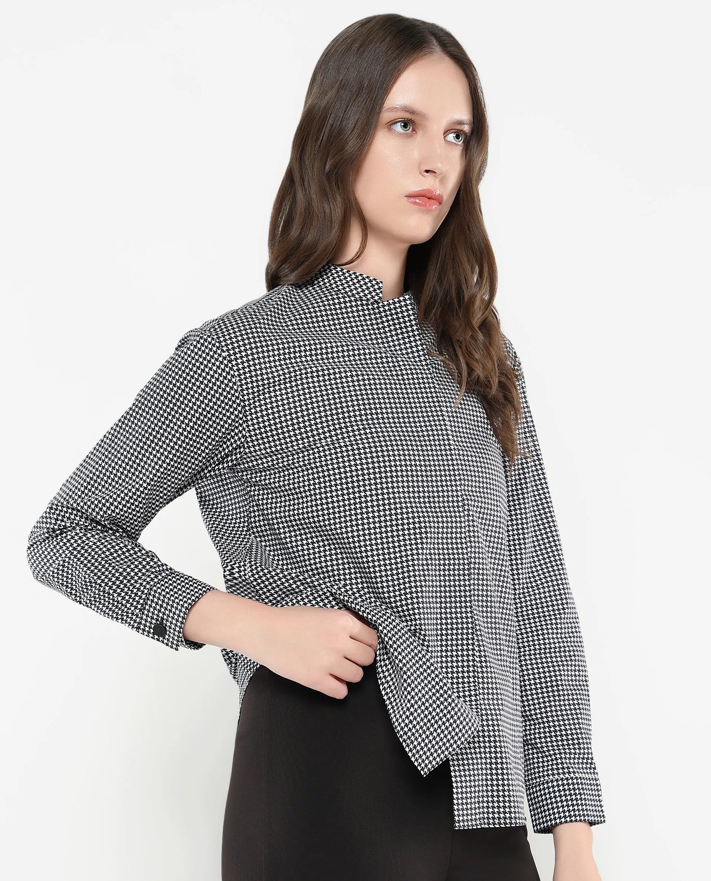 Rareism Women Neumip Multi Cotton Fabric Regular Sleeves High Neck Button Closure Houndstooth Top