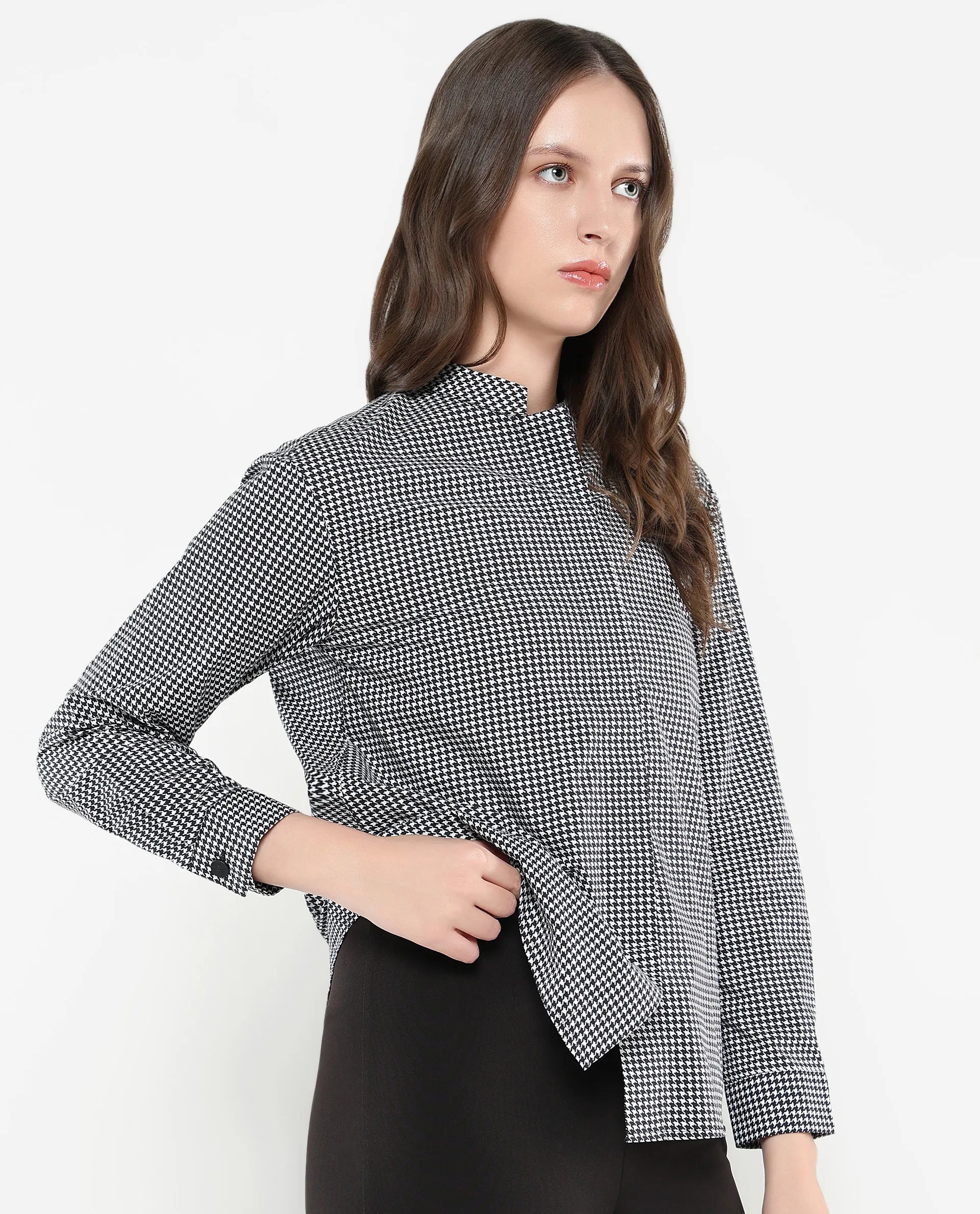 Rareism Women Neumip Multi Cotton Fabric Regular Sleeves High Neck Button Closure Houndstooth Top