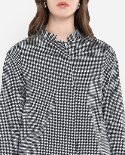 Rareism Women Neumip Multi Cotton Fabric Regular Sleeves High Neck Button Closure Houndstooth Top