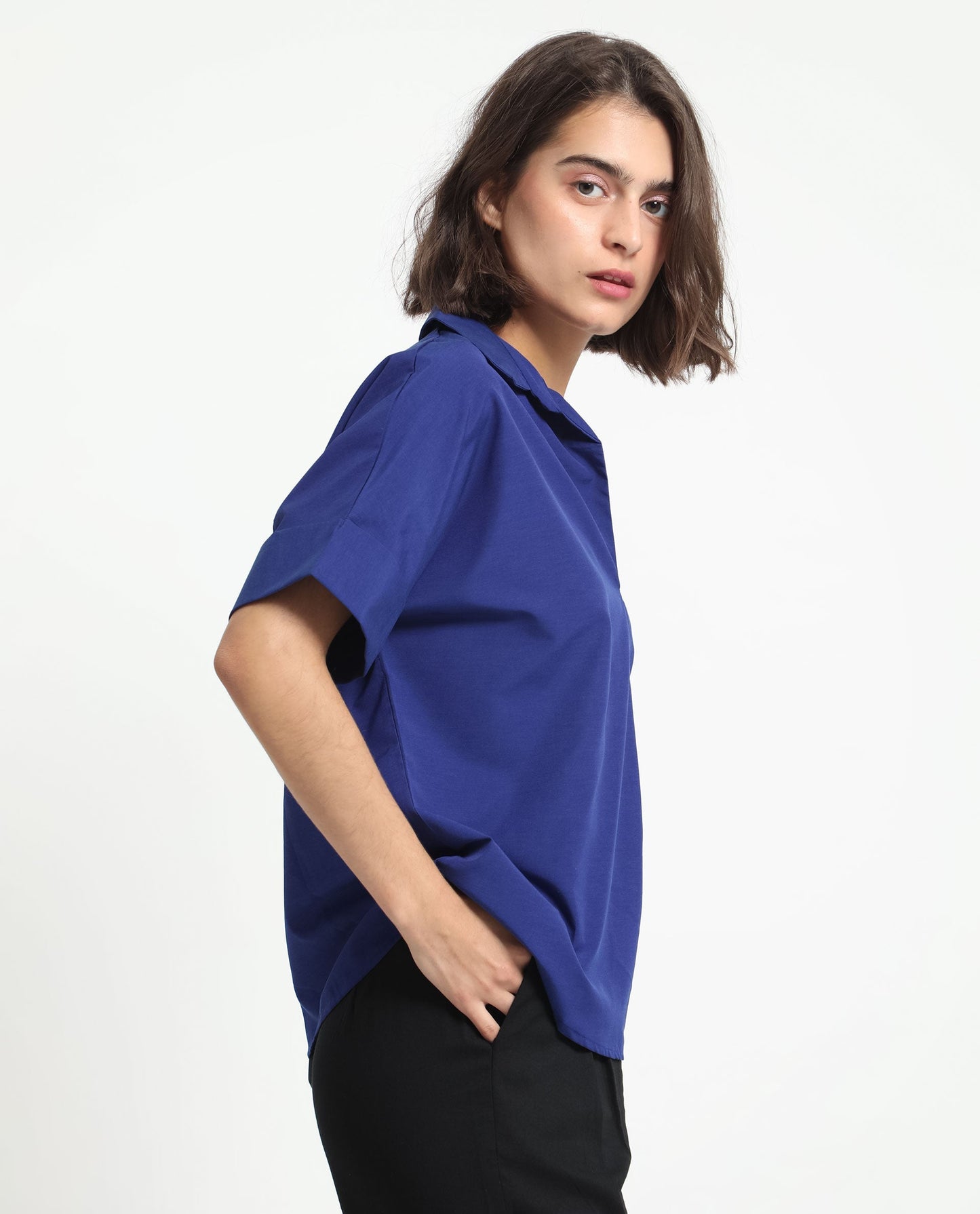 Rareism Women Nilgan Blue Polyester Fabric Short Sleeves Button Closure Shirt Collar Cuffed Sleeve Regular Fit Plain Top