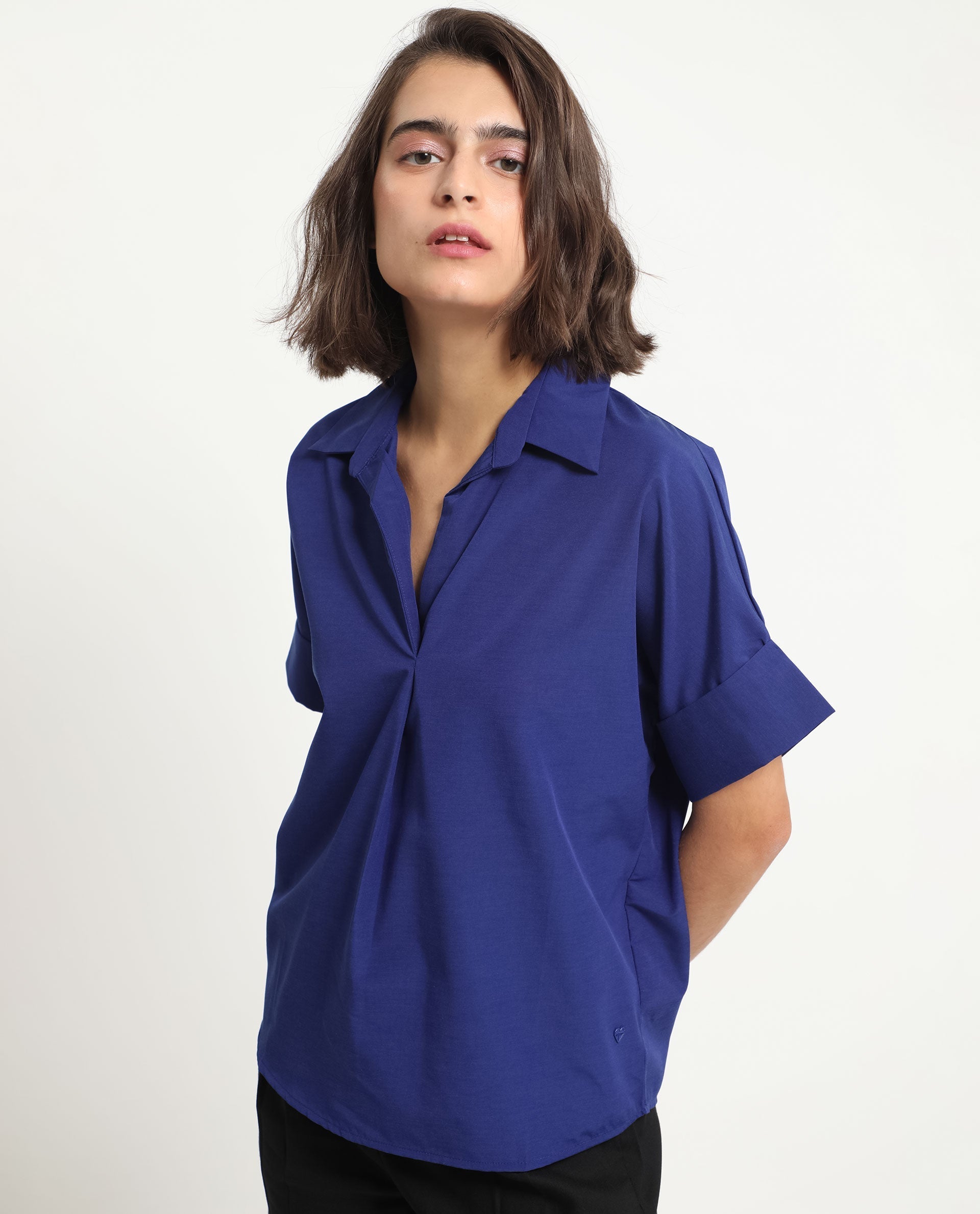 Rareism Women Nilgan Blue Polyester Fabric Short Sleeves Button Closure Shirt Collar Cuffed Sleeve Regular Fit Plain Top