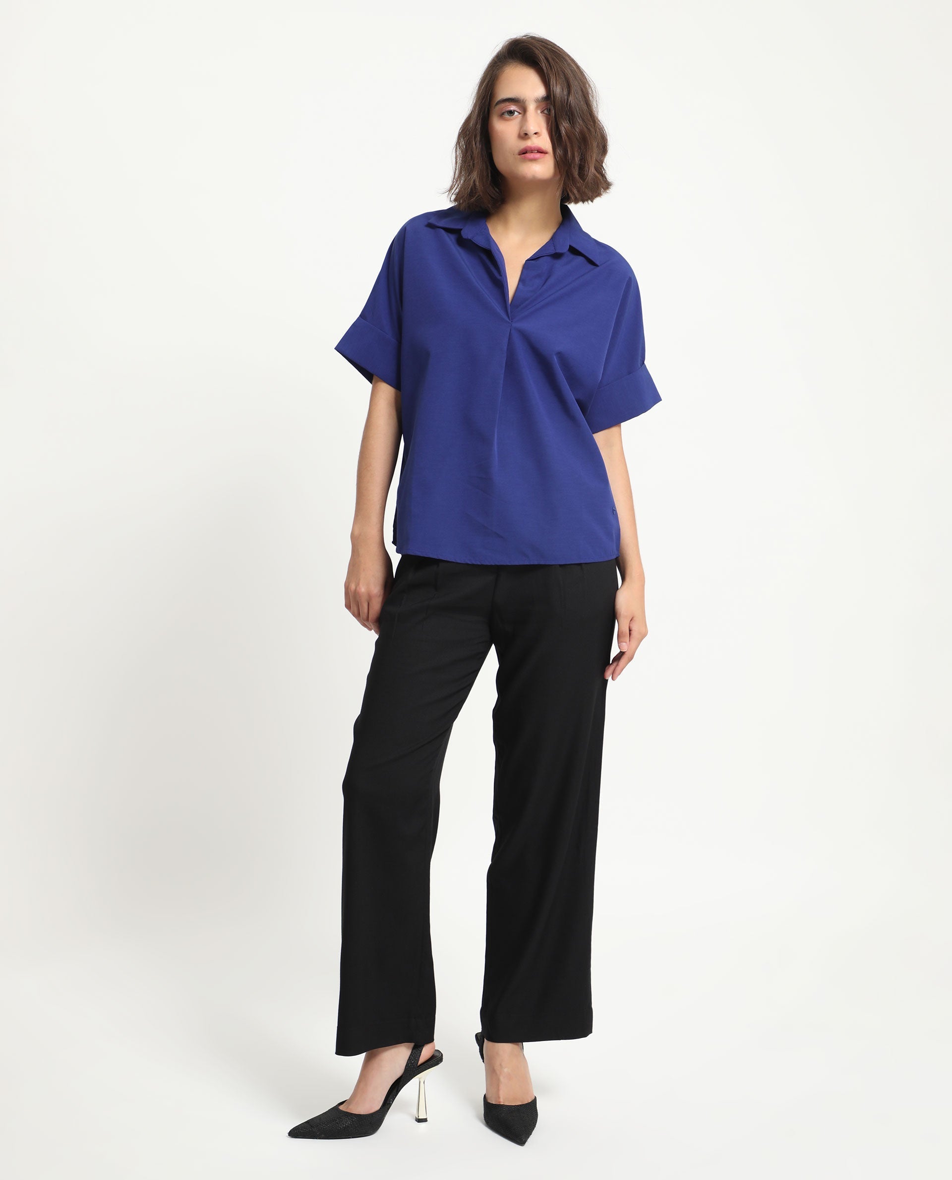 Rareism Women Nilgan Blue Polyester Fabric Short Sleeves Button Closure Shirt Collar Cuffed Sleeve Regular Fit Plain Top