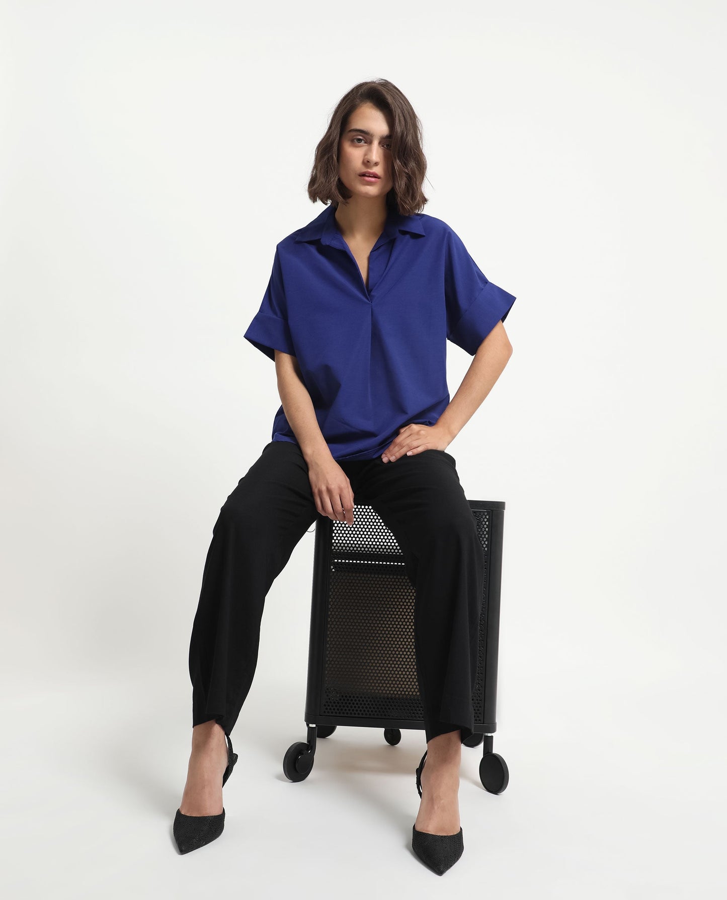 Rareism Women Nilgan Blue Polyester Fabric Short Sleeves Button Closure Shirt Collar Cuffed Sleeve Regular Fit Plain Top