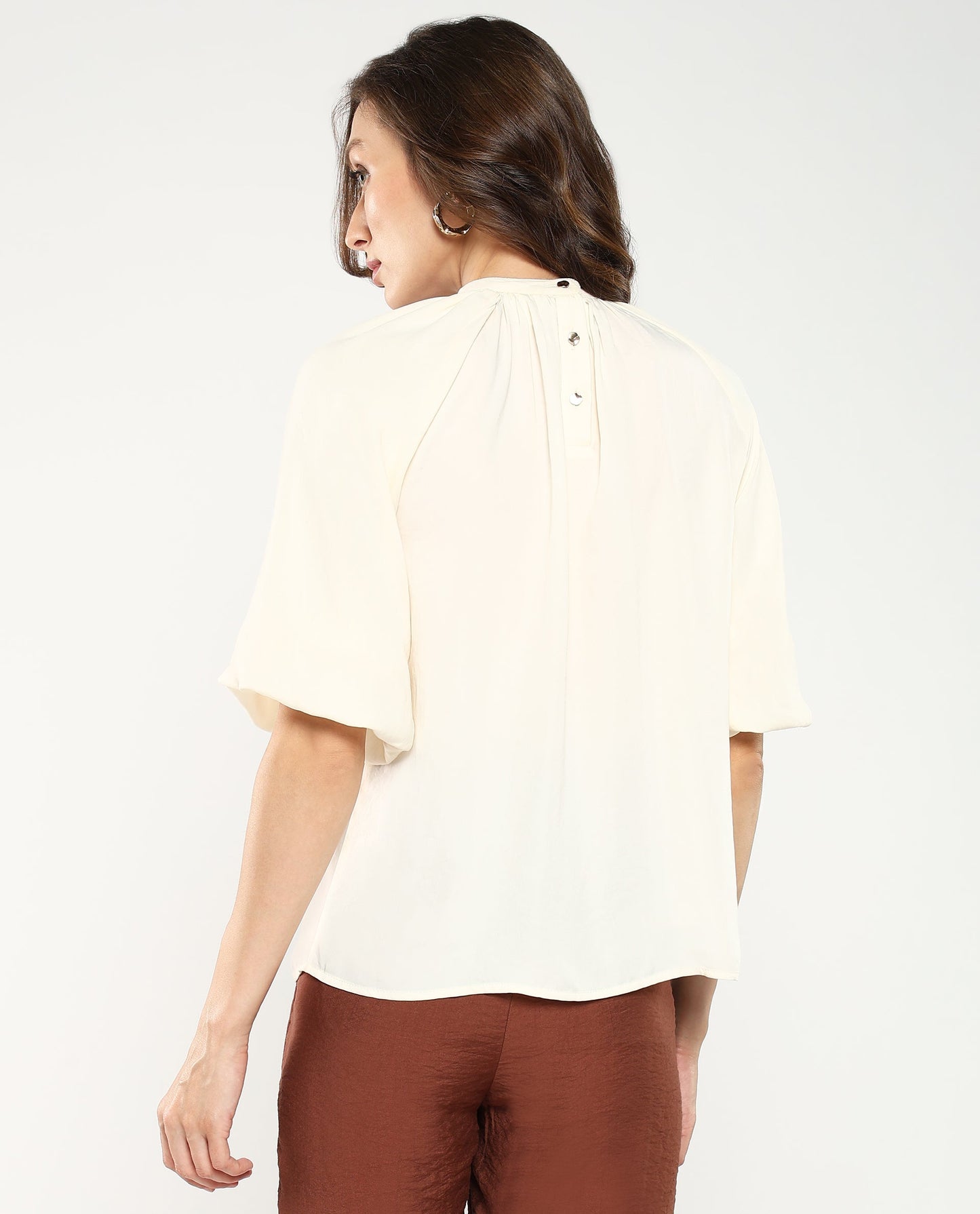 Rareism Women Nito Beige Satin Raglan Sleeves Mandarin Collar Button Closure Plain Top