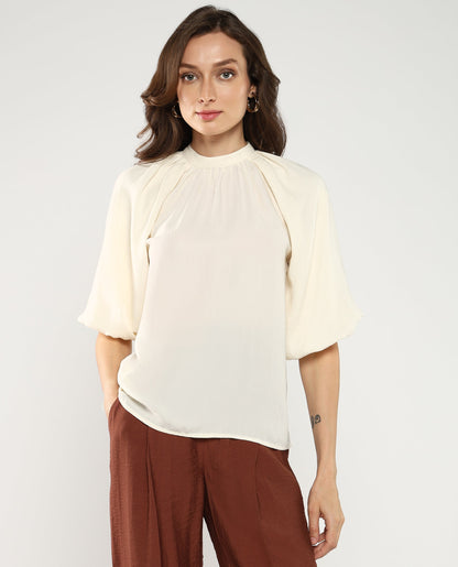 Rareism Women Nito Beige Satin Raglan Sleeves Mandarin Collar Button Closure Plain Top