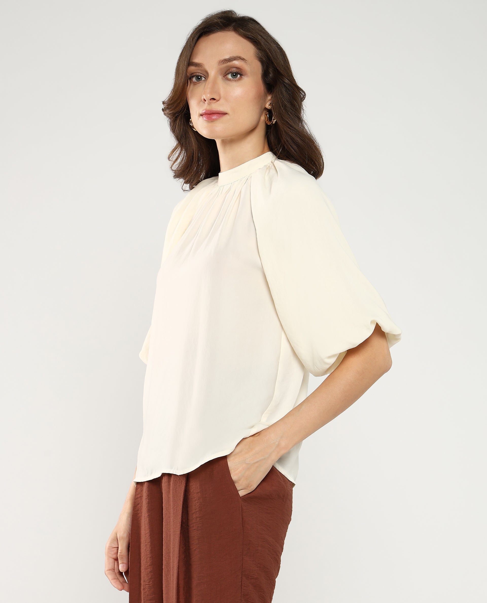 Rareism Women Nito Beige Satin Raglan Sleeves Mandarin Collar Button Closure Plain Top