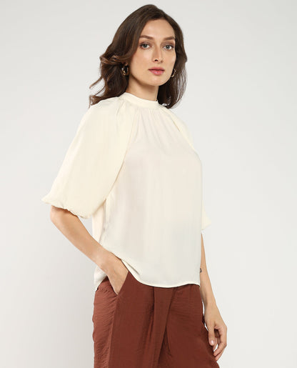 Rareism Women Nito Beige Satin Raglan Sleeves Mandarin Collar Button Closure Plain Top