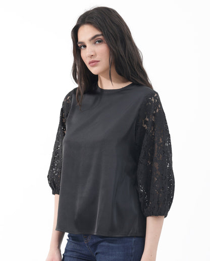 Rareism Women Norbury Black Polyester Fabric Balloon Sleeve Key Hole Neck Solid Regular Length Top