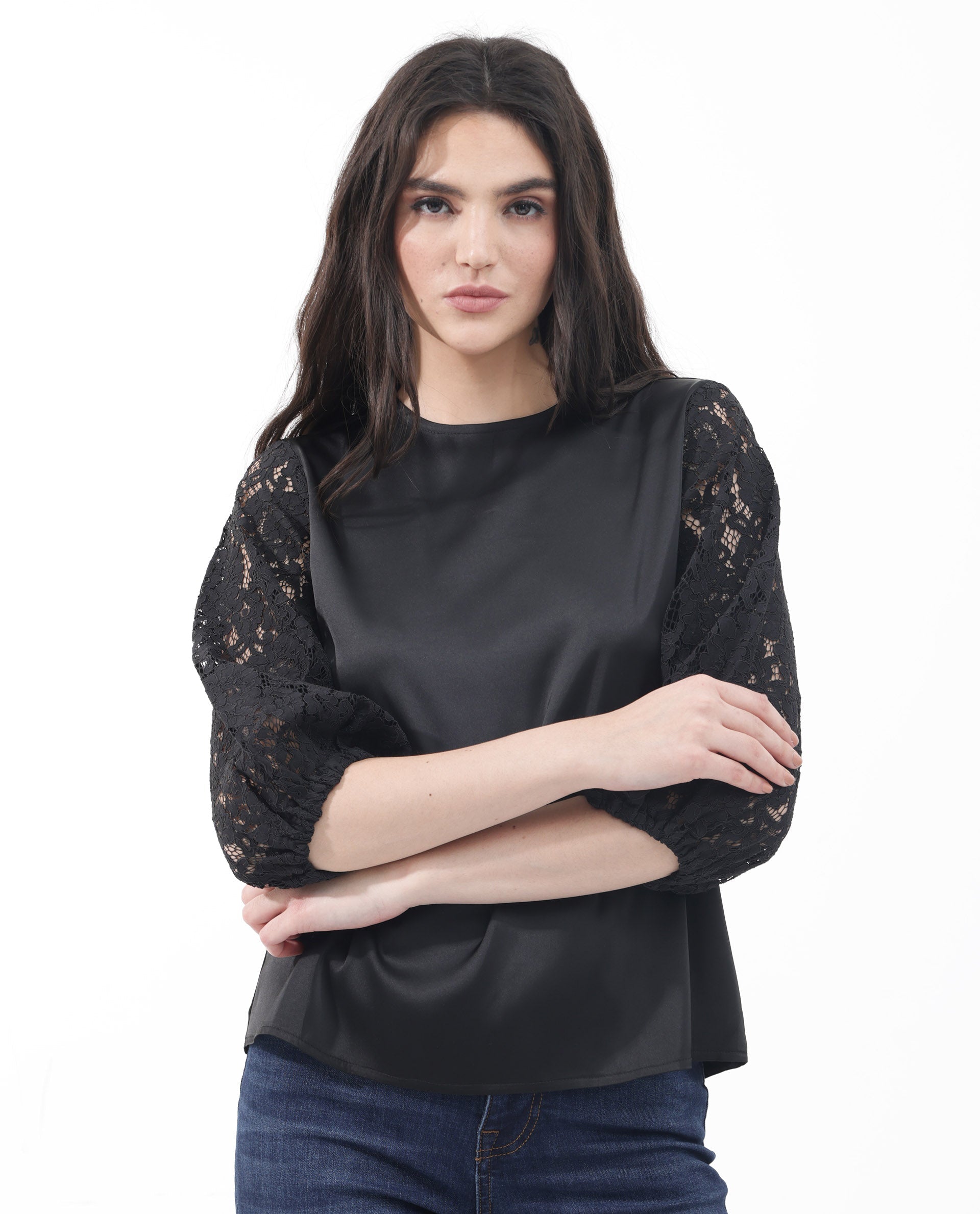 Rareism Women Norbury Black Polyester Fabric Balloon Sleeve Key Hole Neck Solid Regular Length Top