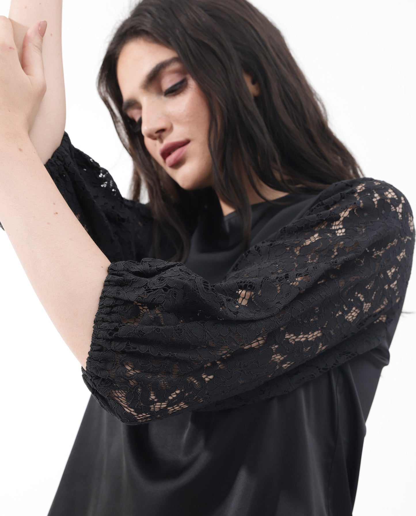 Rareism Women Norbury Black Polyester Fabric Balloon Sleeve Key Hole Neck Solid Regular Length Top