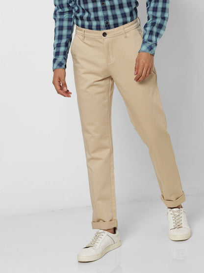 Cream Solid Stretch Slim Fit Trouser