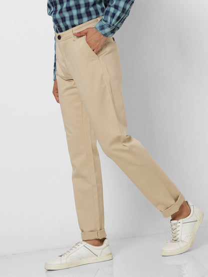 Cream Solid Stretch Slim Fit Trouser