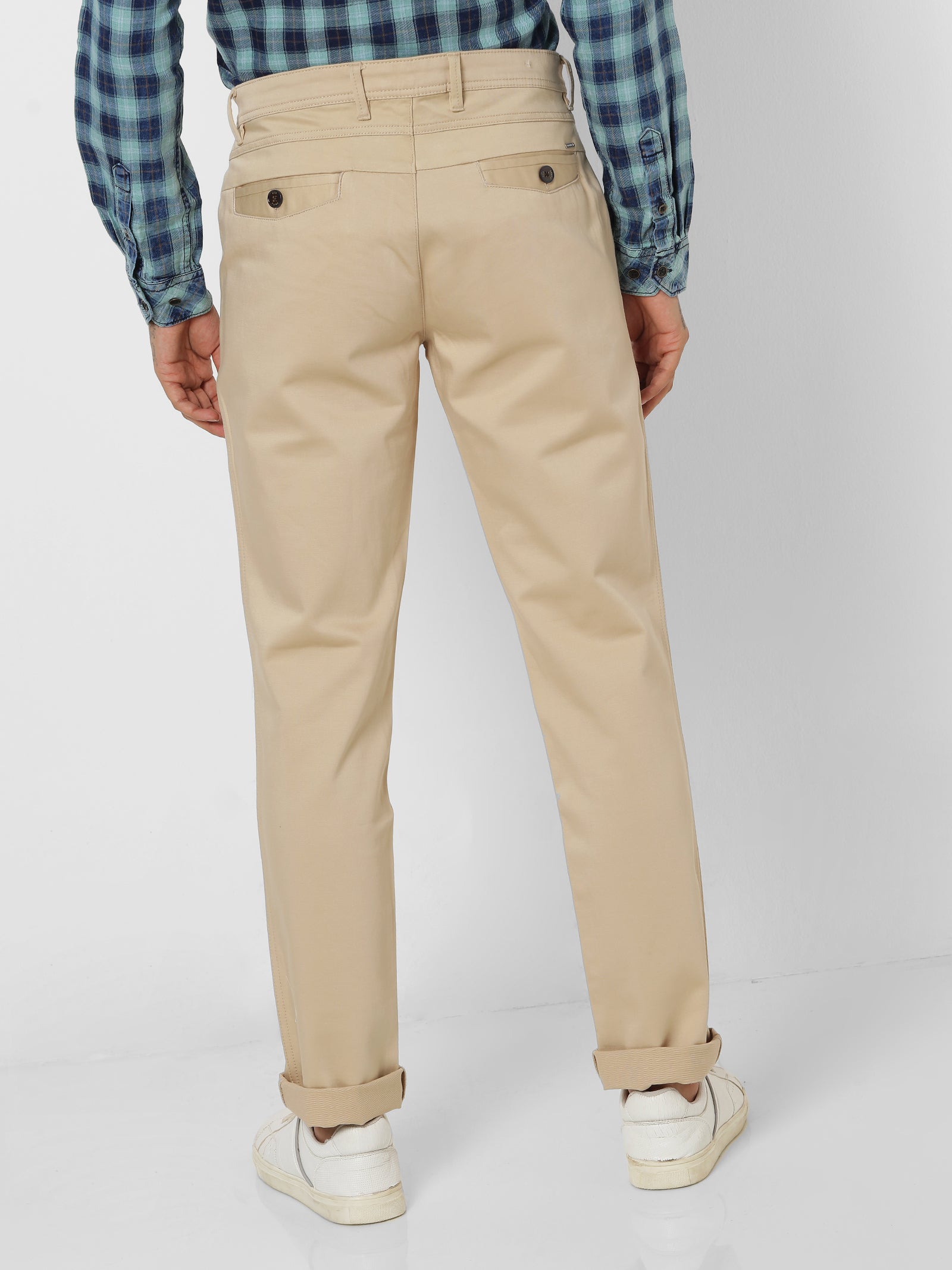 Cream Solid Stretch Slim Fit Trouser