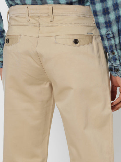 Cream Solid Stretch Slim Fit Trouser