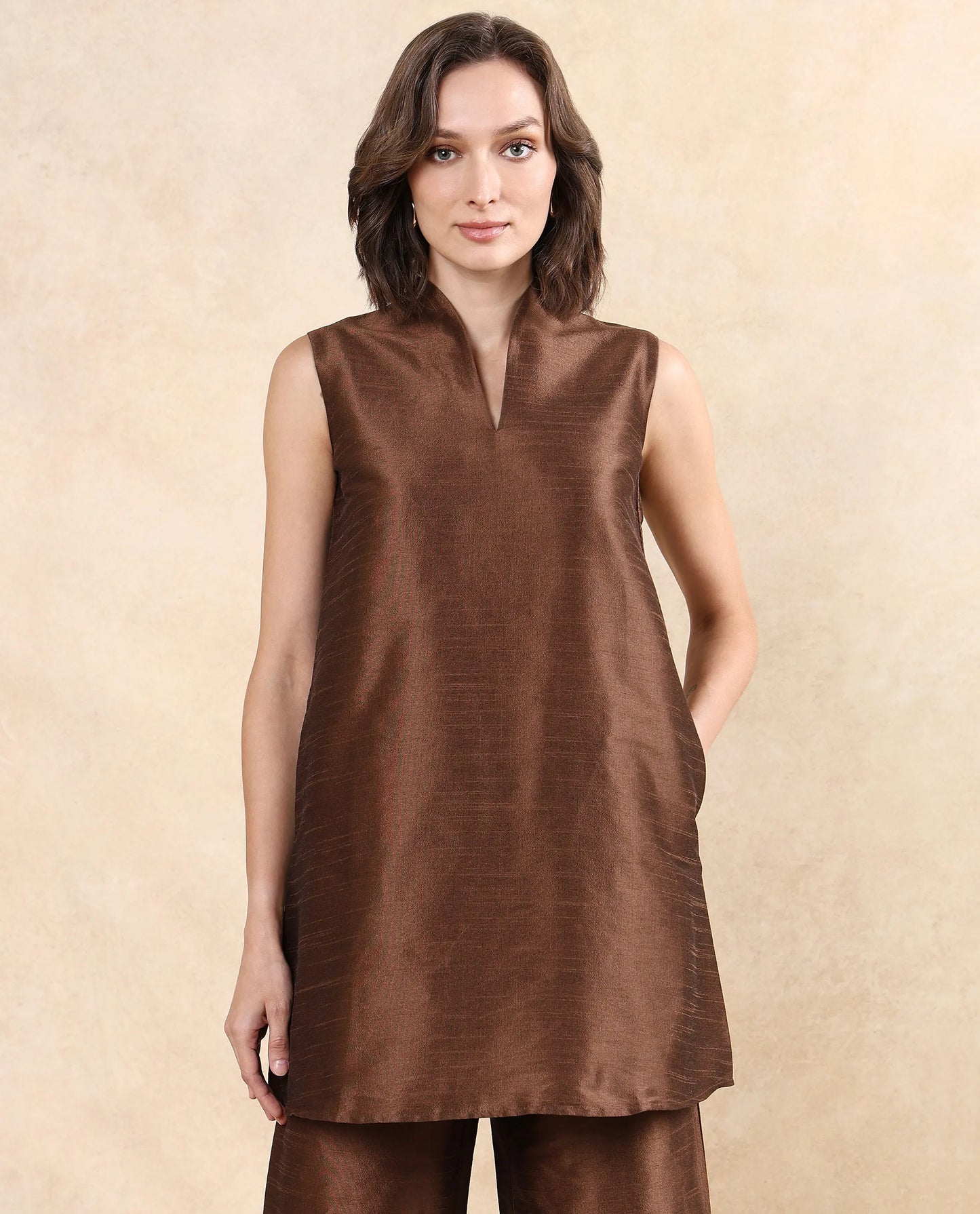 Rareism Women Kamla Dark Brown Sleeveless V-Neck Knee Length Plain Top