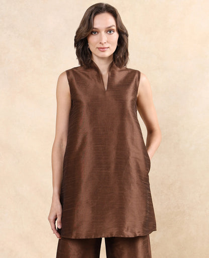 Rareism Women Kamla Dark Brown Sleeveless V-Neck Knee Length Plain Top