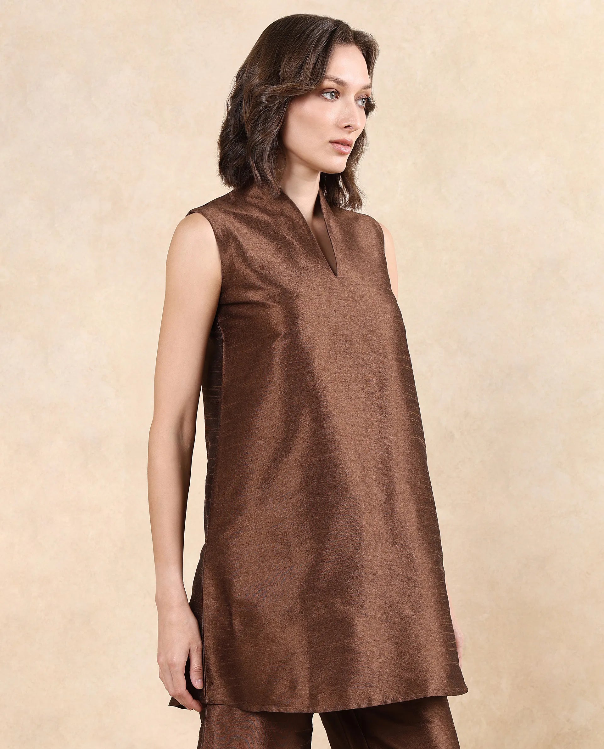 Rareism Women Kamla Dark Brown Sleeveless V-Neck Knee Length Plain Top