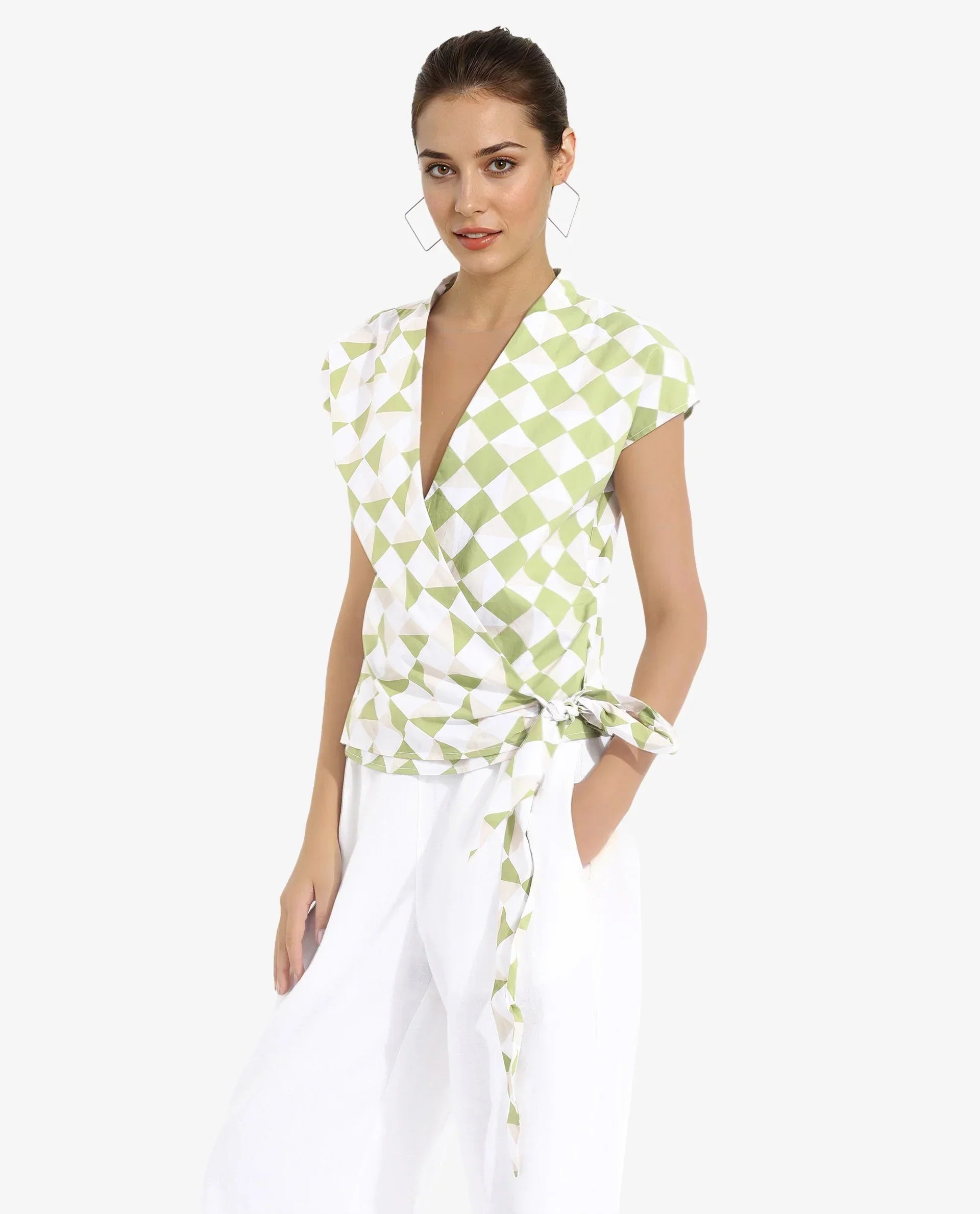 Rareism Women Novarna Light Green Extended Sleeves Over Lap Neck Button Closure Geometric Print Top