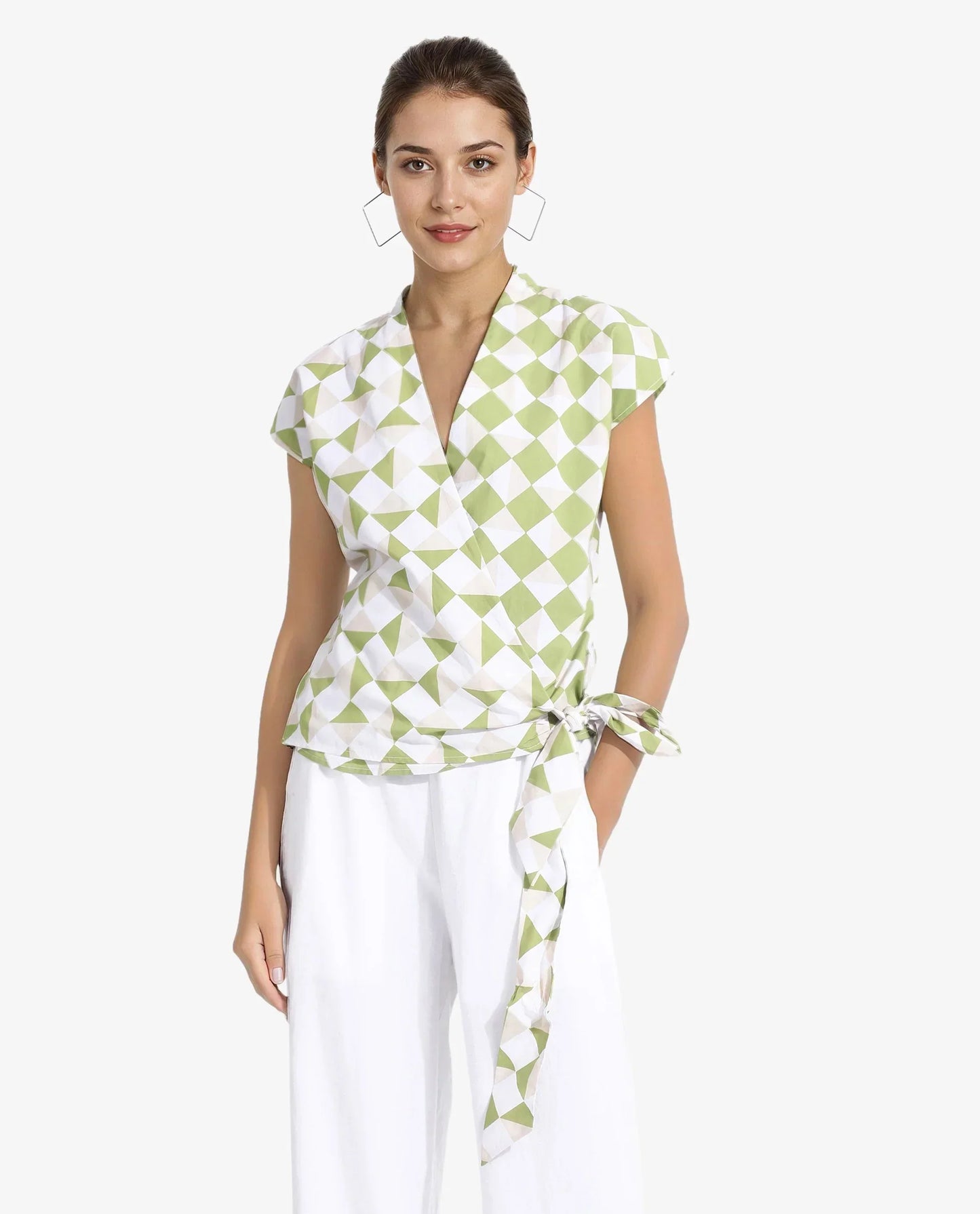 Rareism Women Novarna Light Green Extended Sleeves Over Lap Neck Button Closure Geometric Print Top