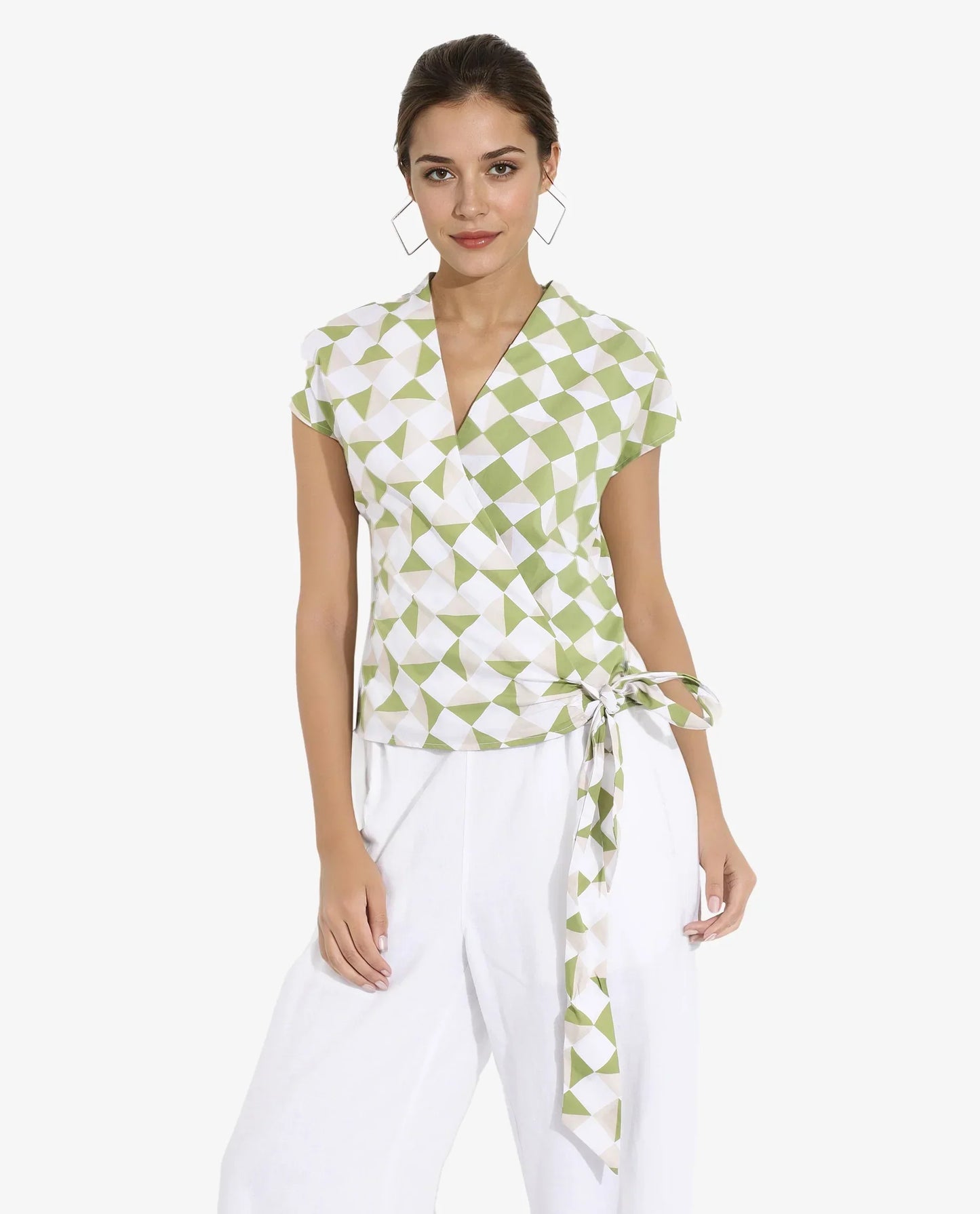 Rareism Women Novarna Light Green Extended Sleeves Over Lap Neck Button Closure Geometric Print Top