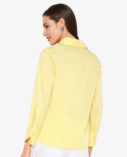 Rareism Women Nuda Yellow Poplin Fabric Full Sleeve Collared Neck Button Closure Plain Top