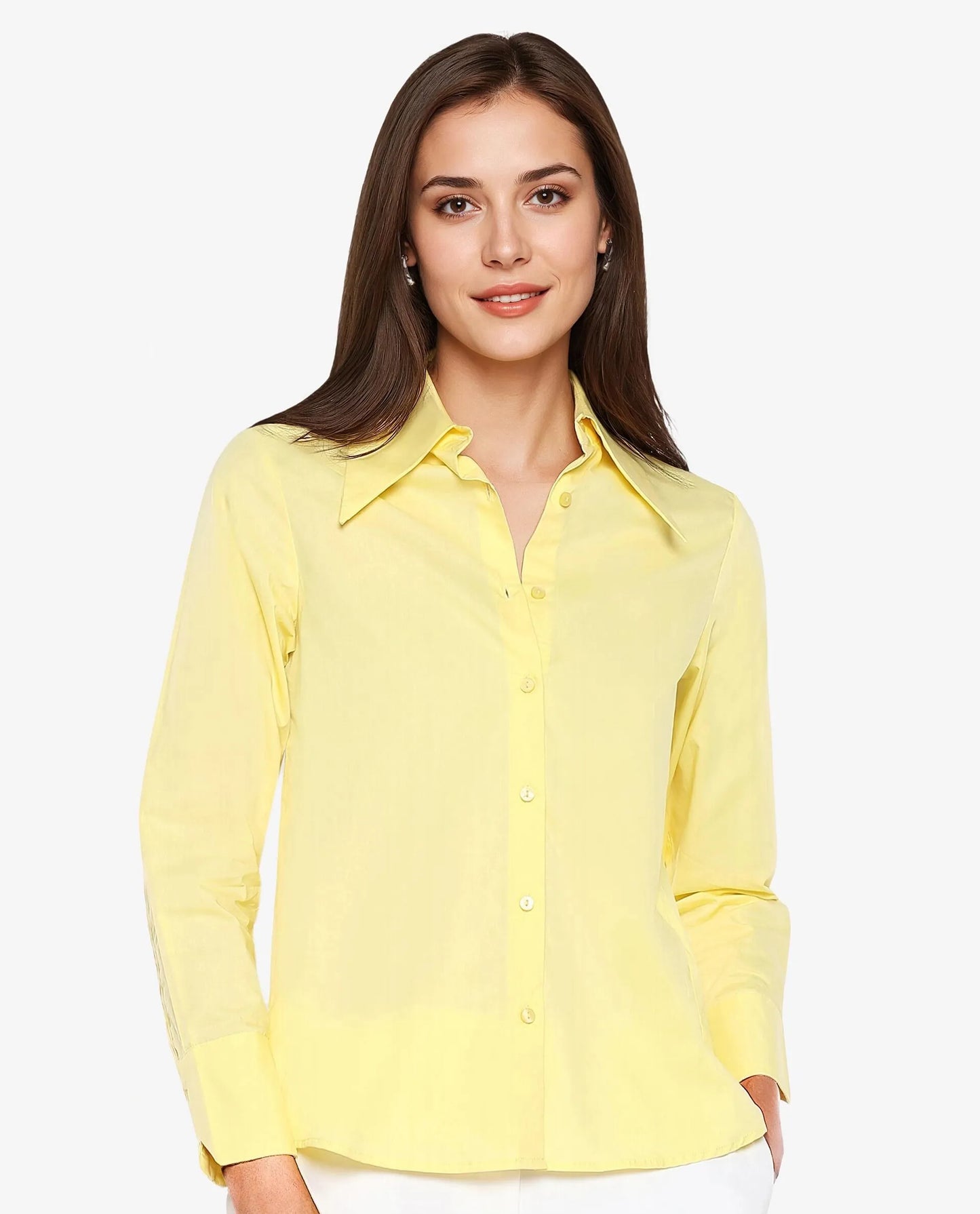 Rareism Women Nuda Yellow Poplin Fabric Full Sleeve Collared Neck Button Closure Plain Top