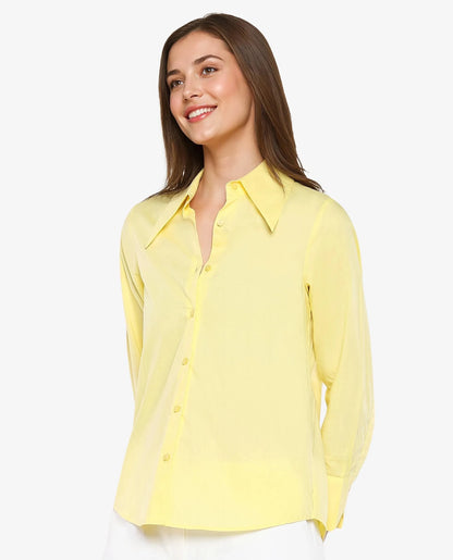 Rareism Women Nuda Yellow Poplin Fabric Full Sleeve Collared Neck Button Closure Plain Top