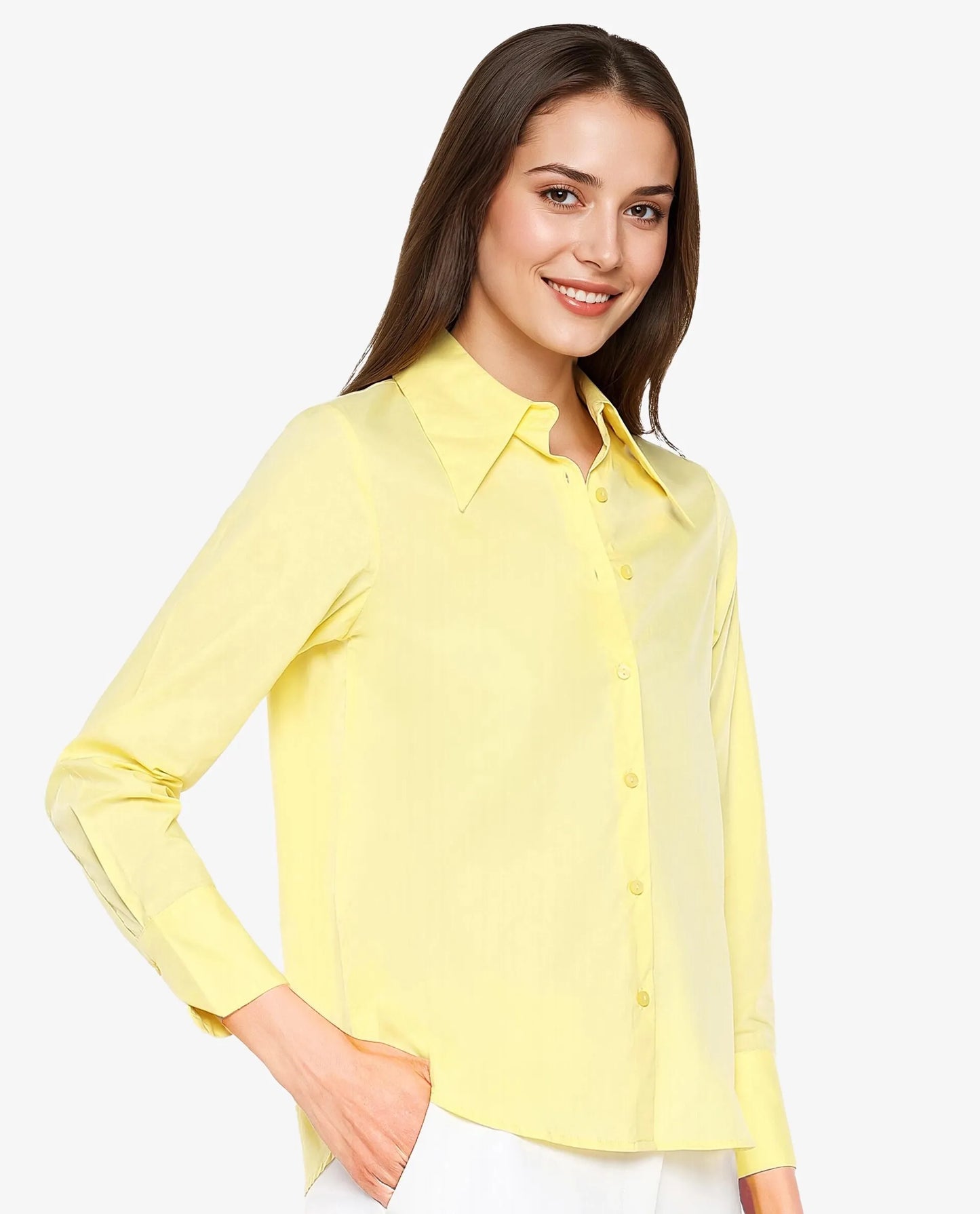 Rareism Women Nuda Yellow Poplin Fabric Full Sleeve Collared Neck Button Closure Plain Top