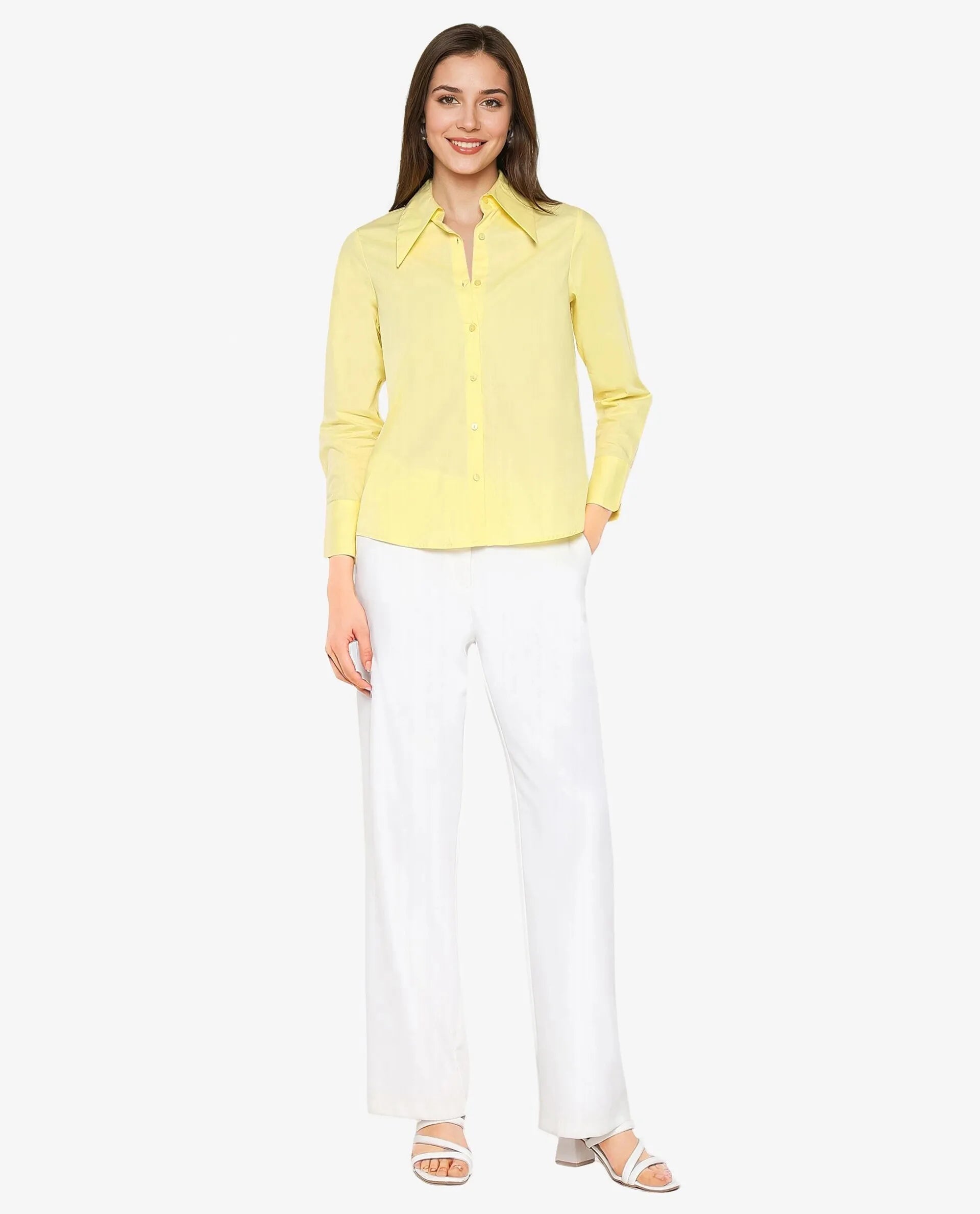 Rareism Women Nuda Yellow Poplin Fabric Full Sleeve Collared Neck Button Closure Plain Top