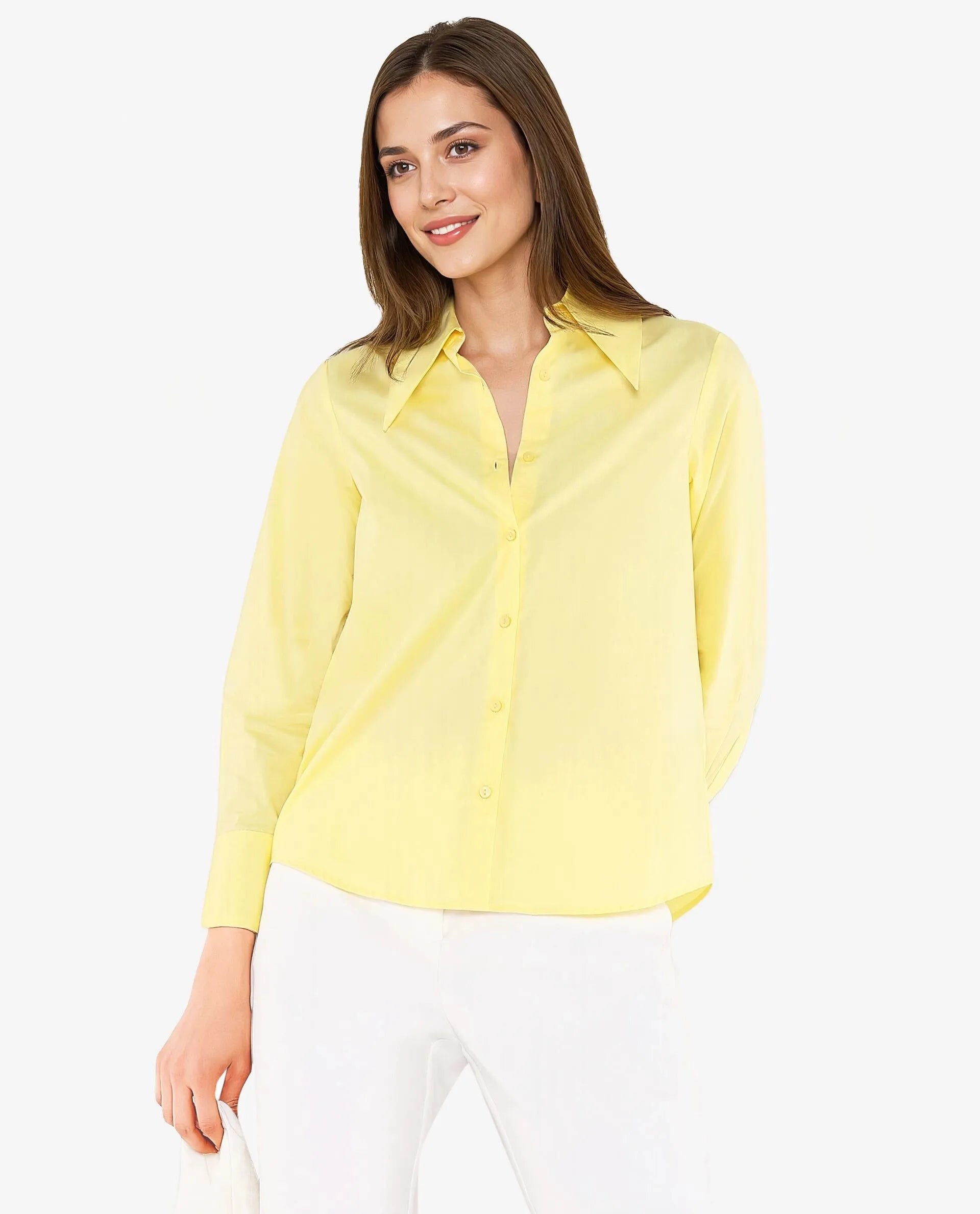 Rareism Women Nuda Yellow Poplin Fabric Full Sleeve Collared Neck Button Closure Plain Top