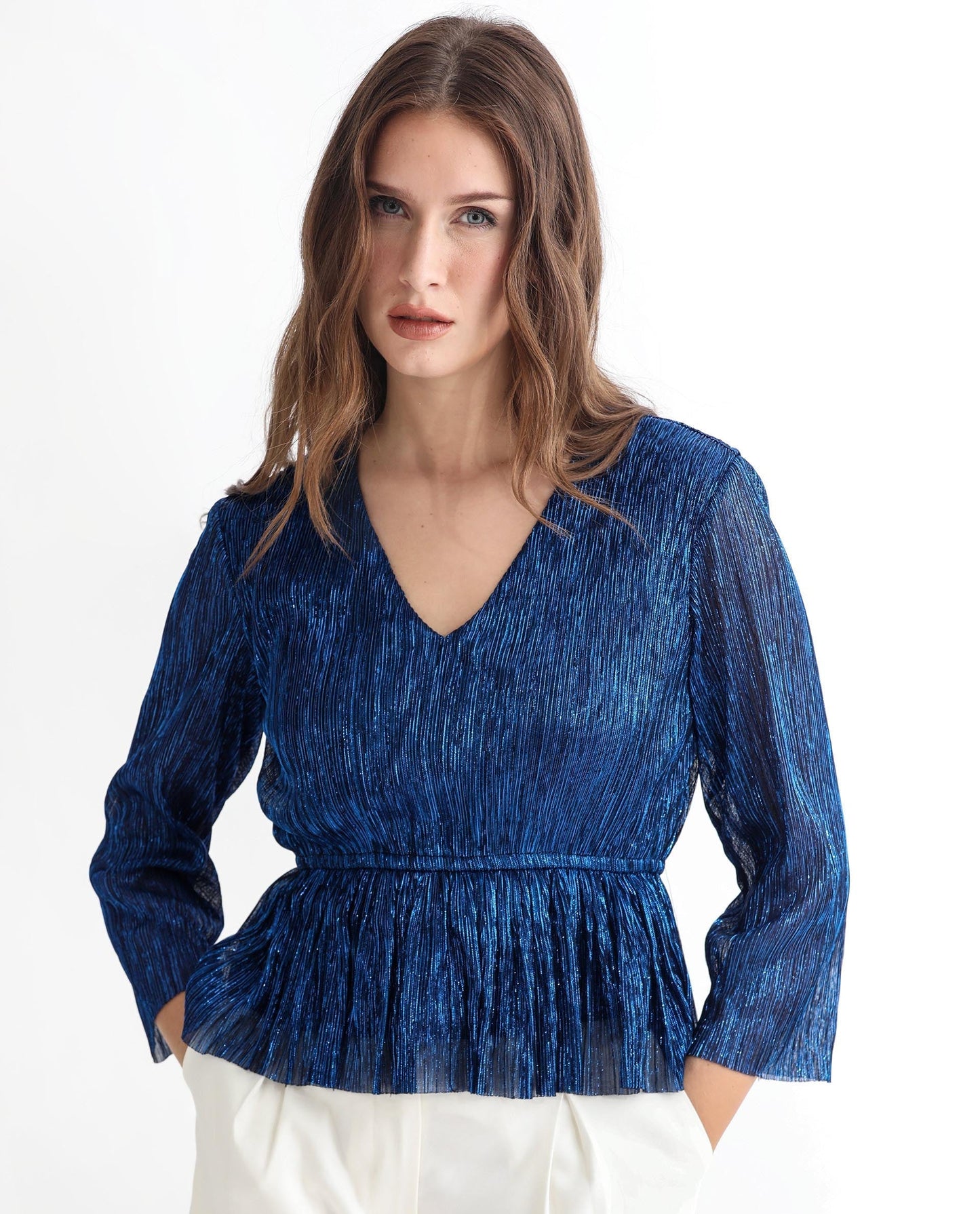 Rareism Women Odim Metalic Blue Polyester Fabric Regular Fit V-Neck 3/4Th Sleeves Sequined Top