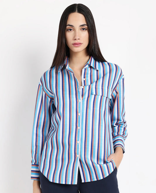 Rareism Women Oharau Blue Linen Cuffed Sleeves Collared Neck Button Closure Narrow Stipes Shirt