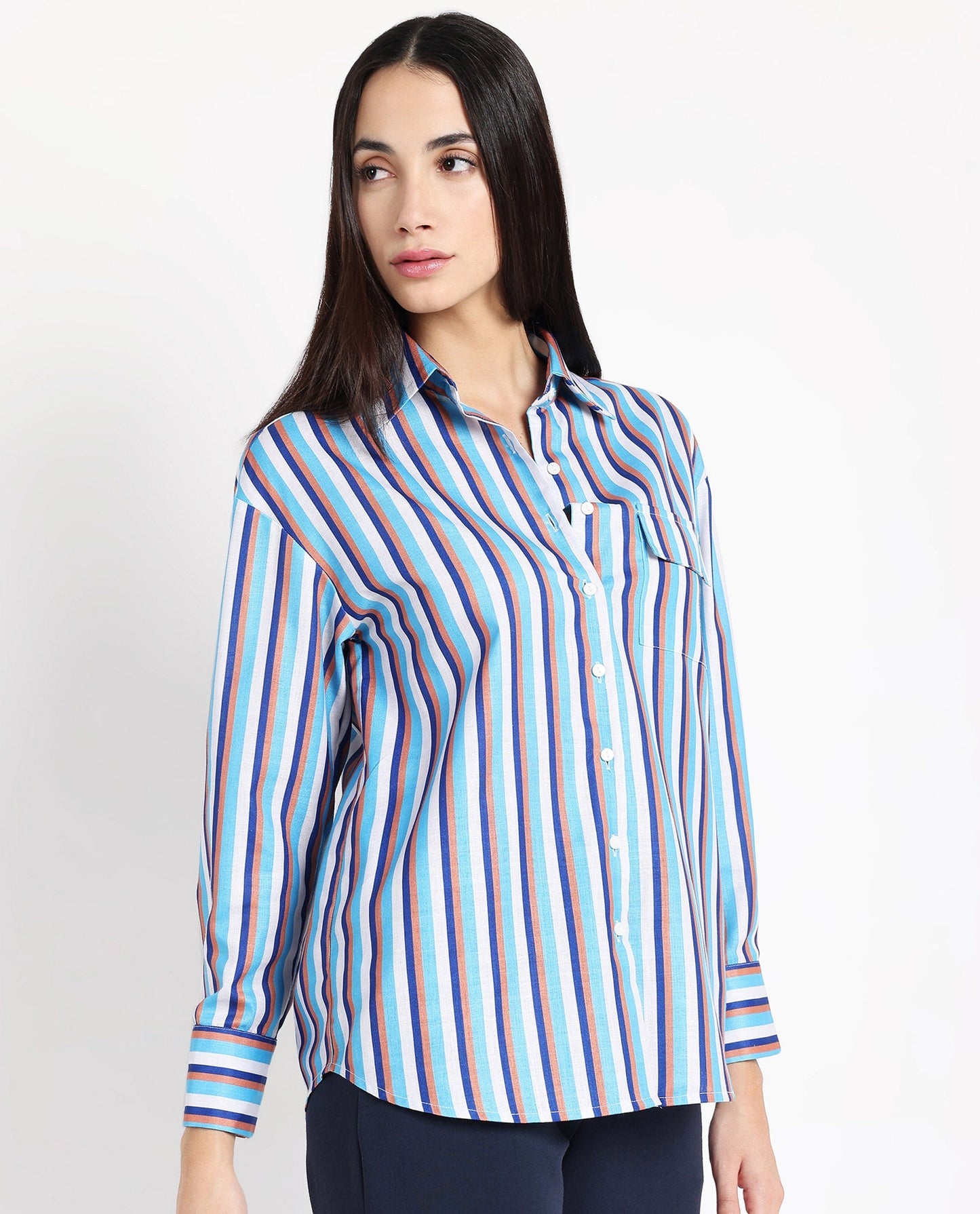 Rareism Women Oharau Blue Linen Cuffed Sleeves Collared Neck Button Closure Narrow Stipes Shirt