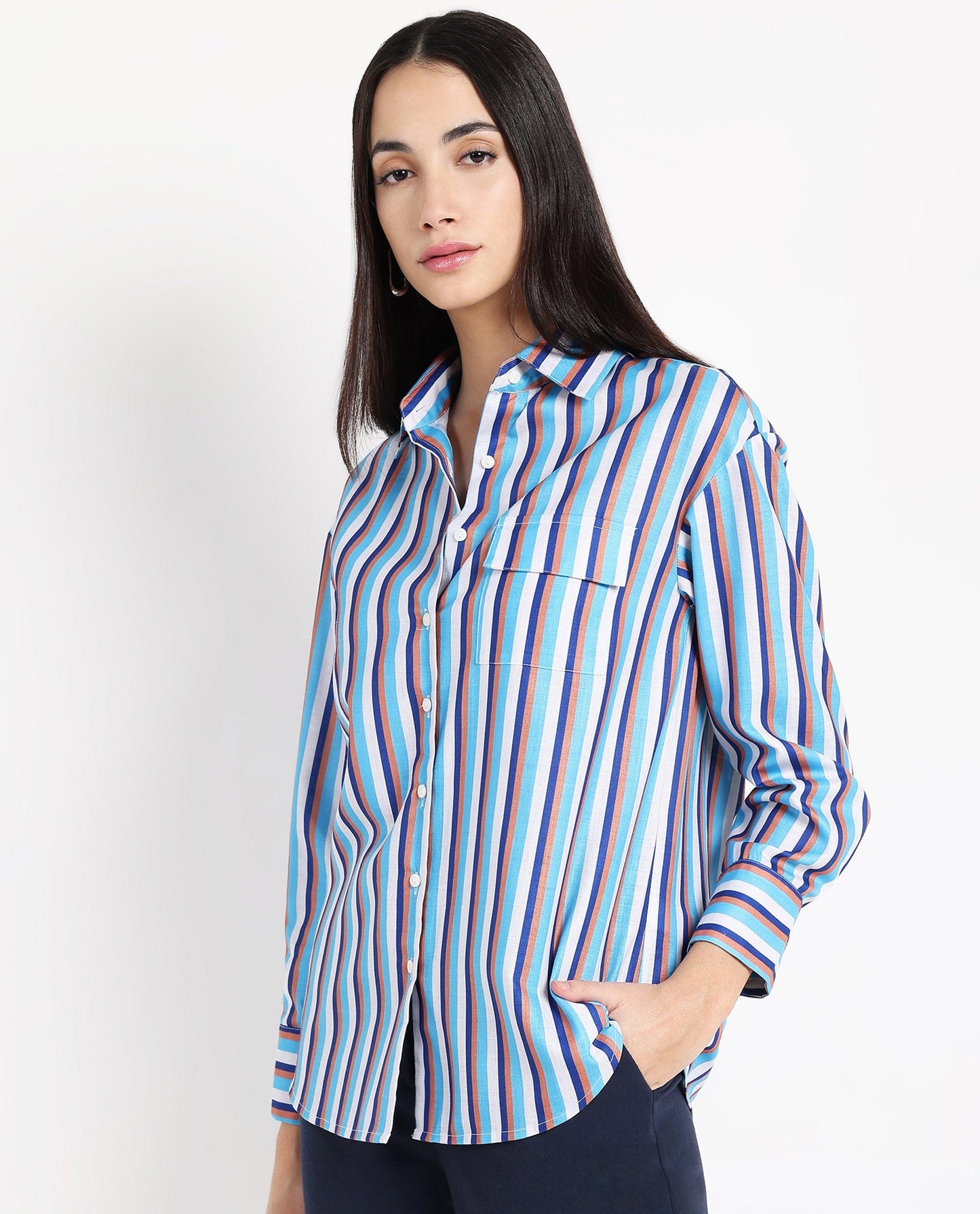 Rareism Women Oharau Blue Linen Cuffed Sleeves Collared Neck Button Closure Narrow Stipes Shirt