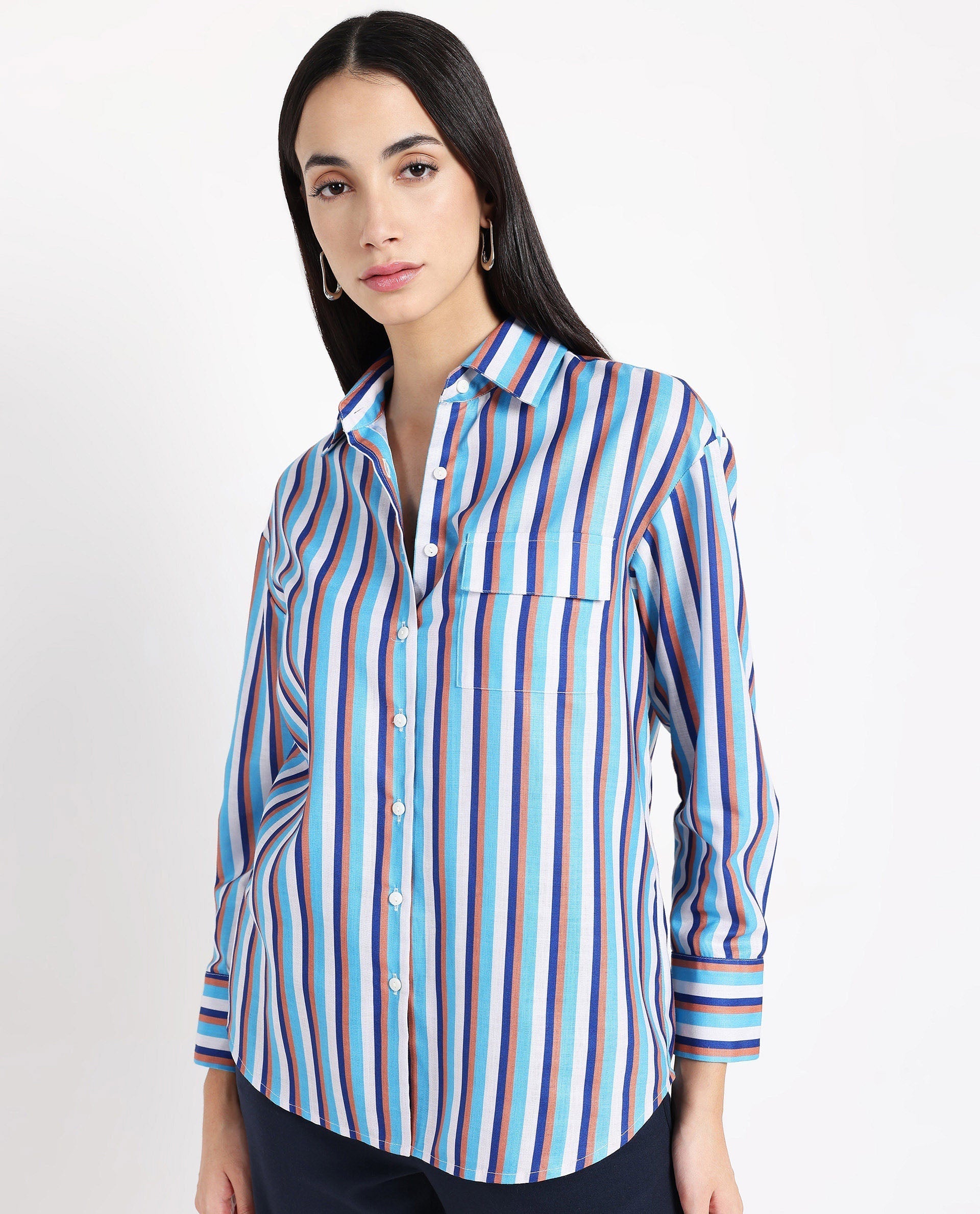 Rareism Women Oharau Blue Linen Cuffed Sleeves Collared Neck Button Closure Narrow Stipes Shirt