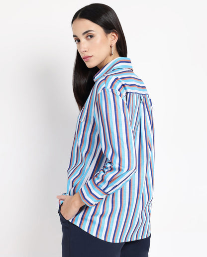 Rareism Women Oharau Blue Linen Cuffed Sleeves Collared Neck Button Closure Narrow Stipes Shirt