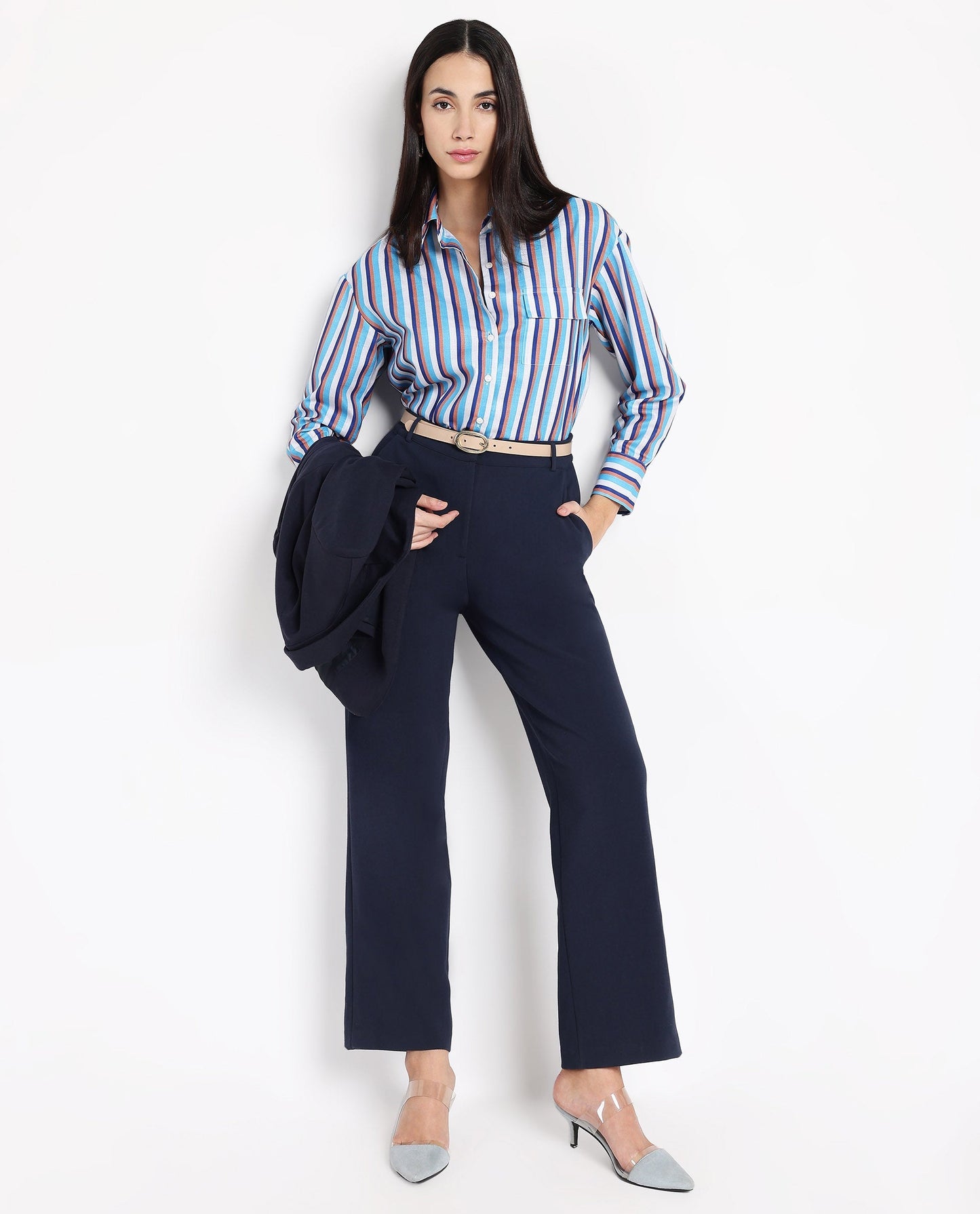 Rareism Women Oharau Blue Linen Cuffed Sleeves Collared Neck Button Closure Narrow Stipes Shirt