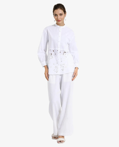 Rareism Women Oia White Cuffed Sleeve Mandarin Collar Button Closure Relaxed Fit Plain Top