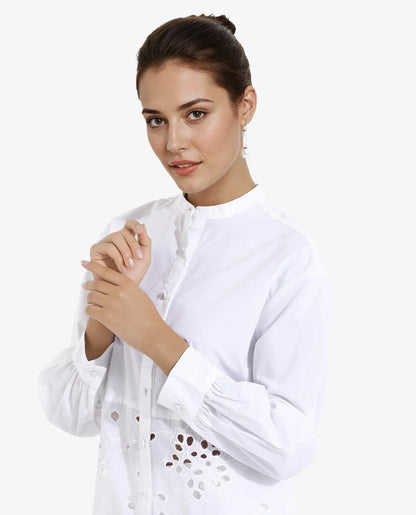 Rareism Women Oia White Cuffed Sleeve Mandarin Collar Button Closure Relaxed Fit Plain Top