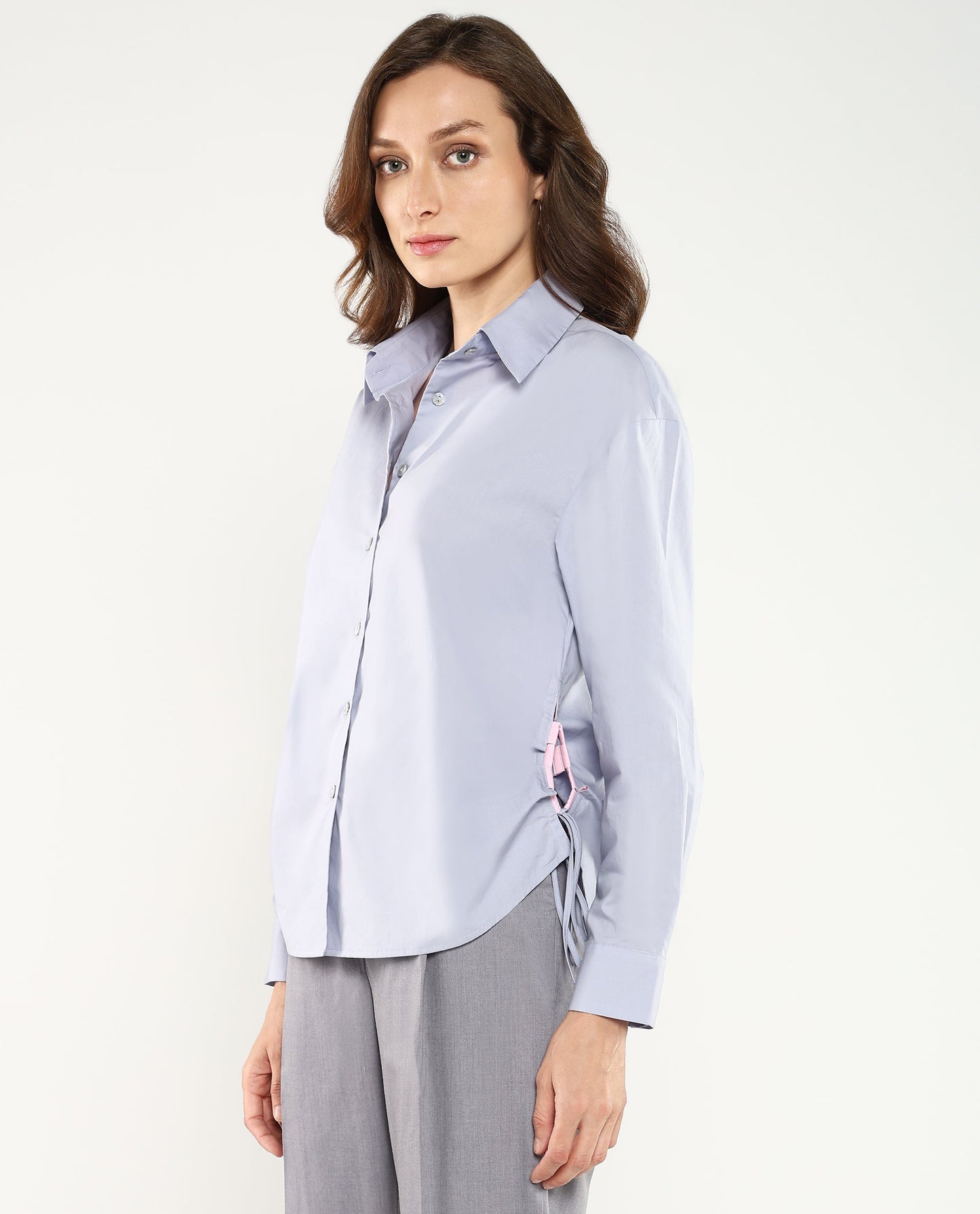 Rareism Women Oisin Light Grey Cuffed Sleeves Collared Neck Button Closure Plain Top