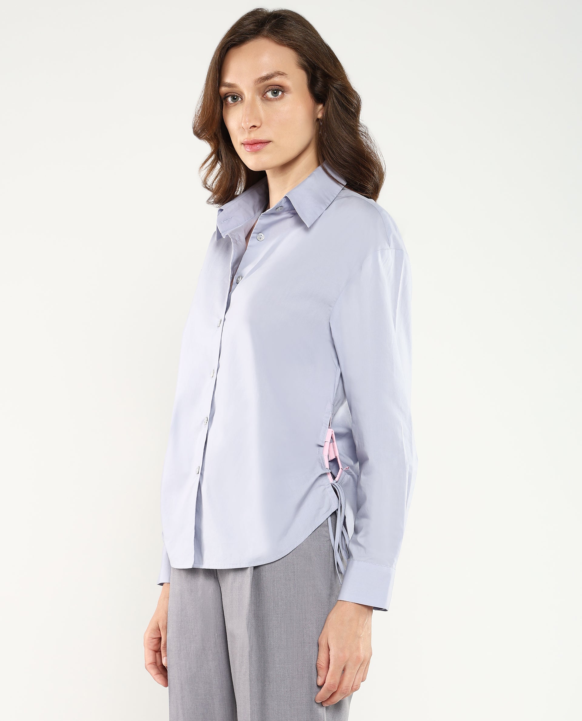 Rareism Women Oisin Light Grey Cuffed Sleeves Collared Neck Button Closure Plain Top