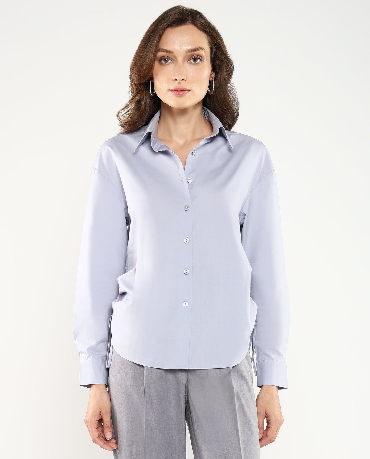 Rareism Women Oisin Light Grey Cuffed Sleeves Collared Neck Button Closure Plain Top