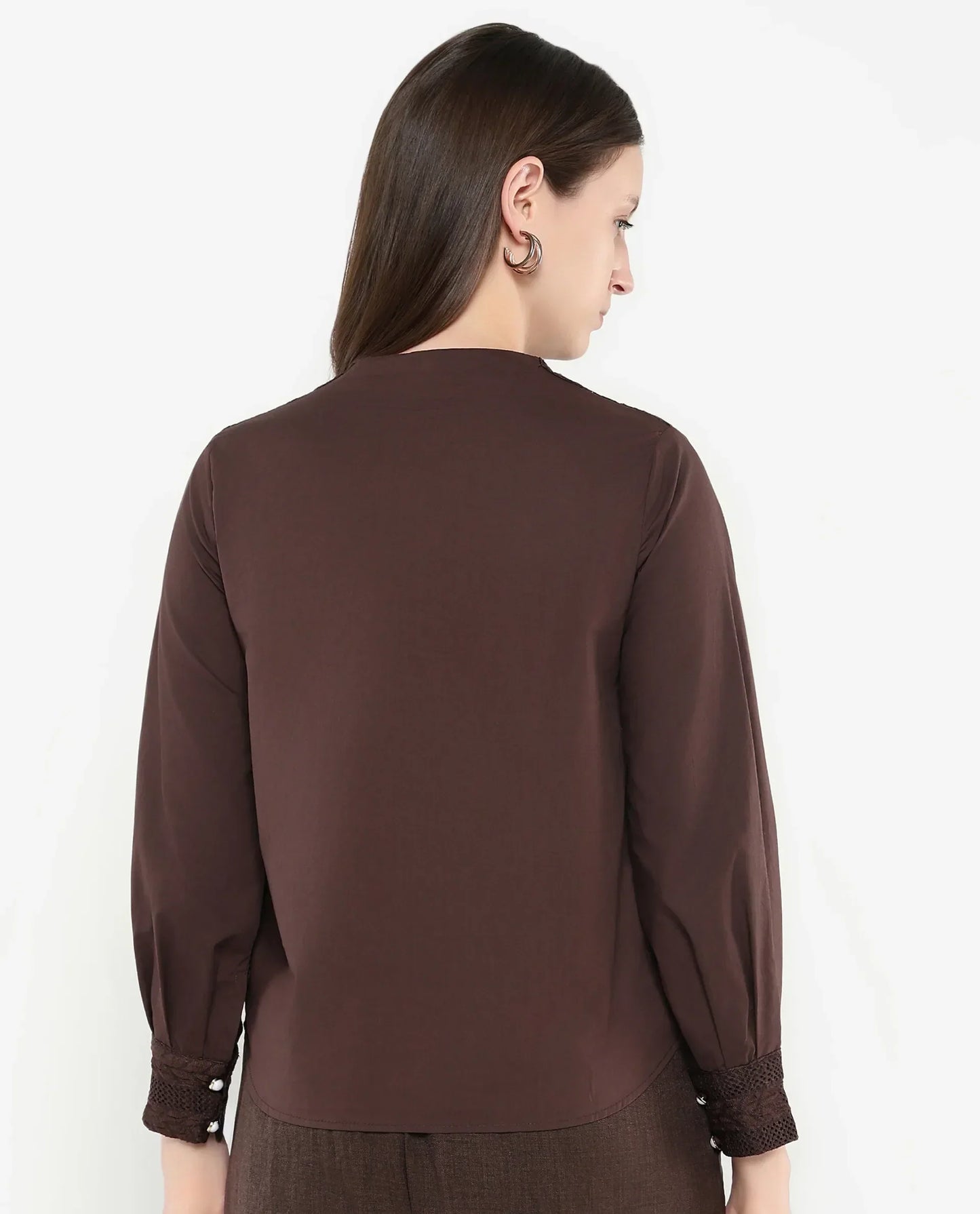 Rareism Women Olafi Brown Bishop Sleeve High Neck Button Closure Regular Fit Plain Top